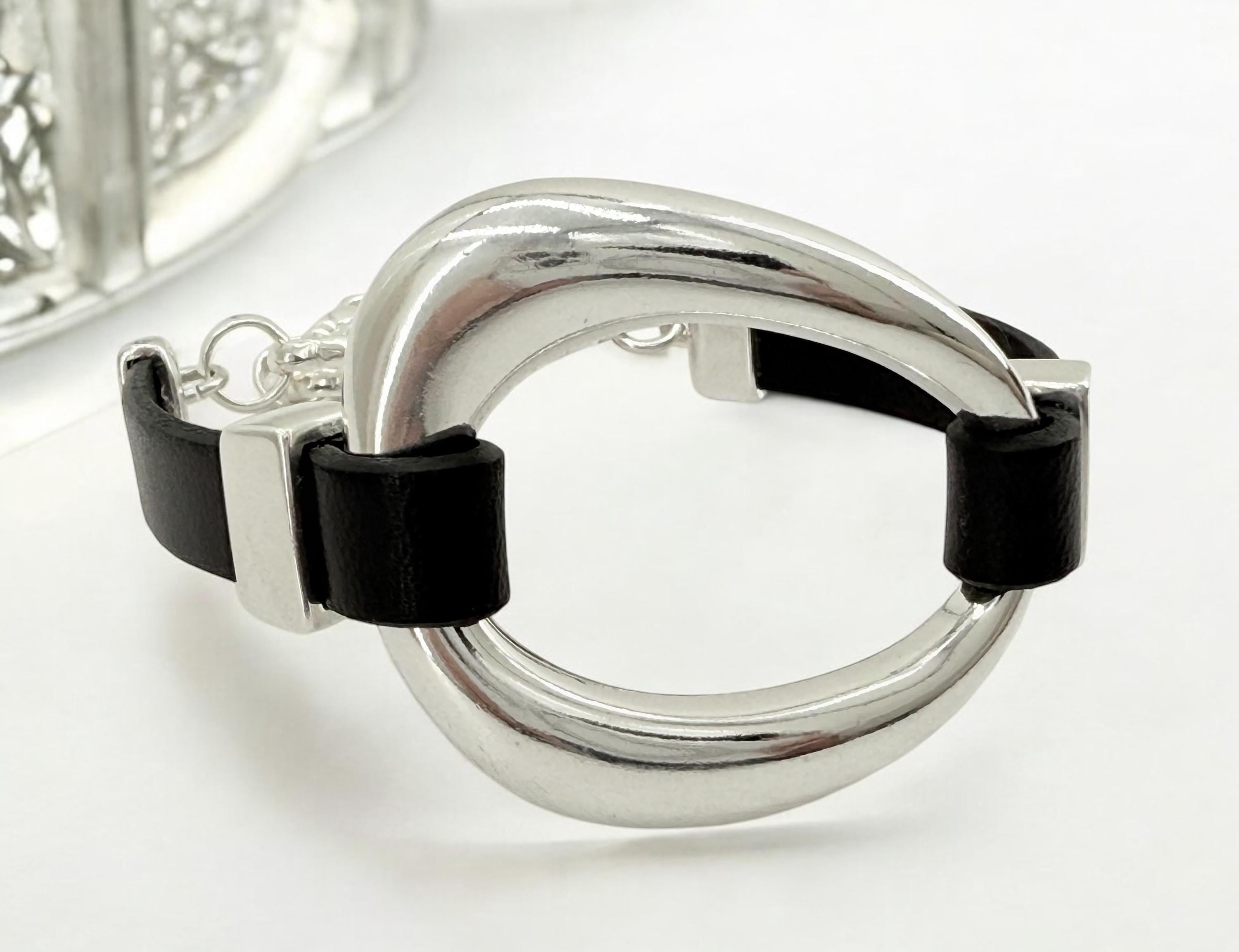 Silver chunky plated leather bracelet with sculptural oval centerpiece - adjustable silver cuff