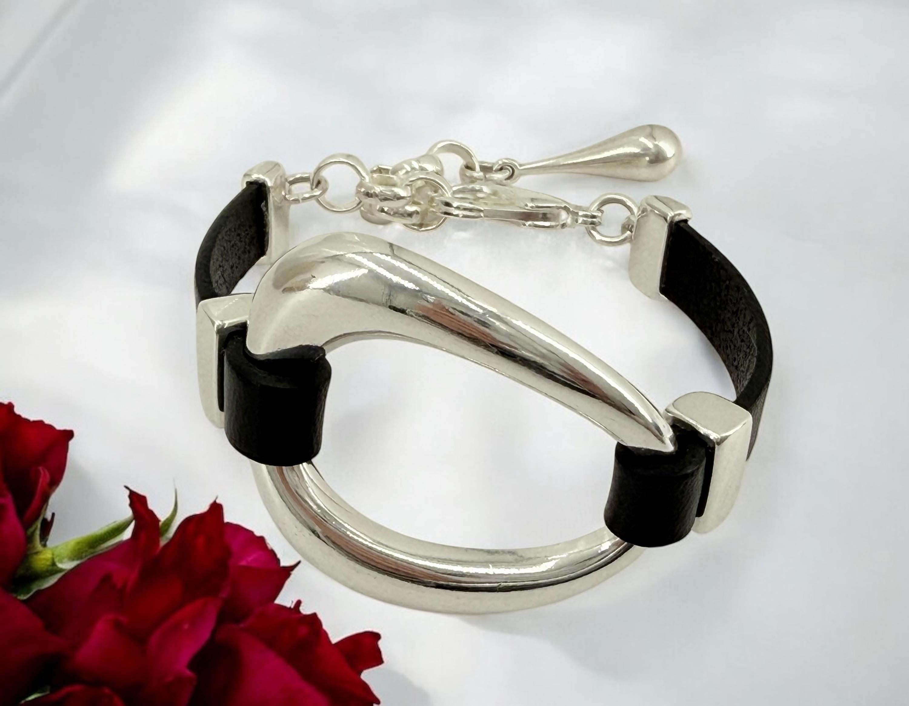 Silver chunky plated leather bracelet with sculptural oval centerpiece - adjustable silver cuff