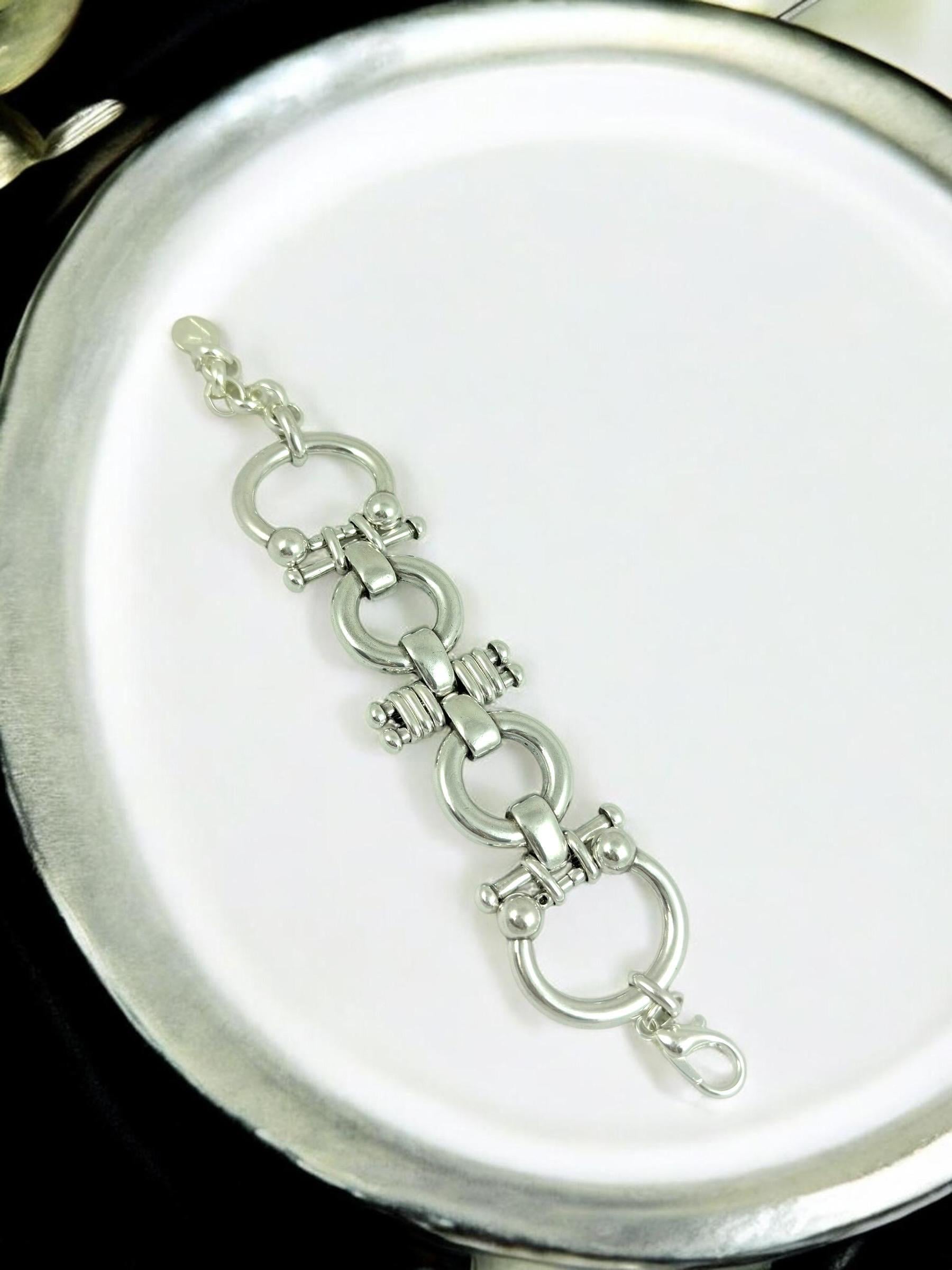 Chunky silver plated equestrian link bracelet, bold statement chain, adjustable fit for larger wrist