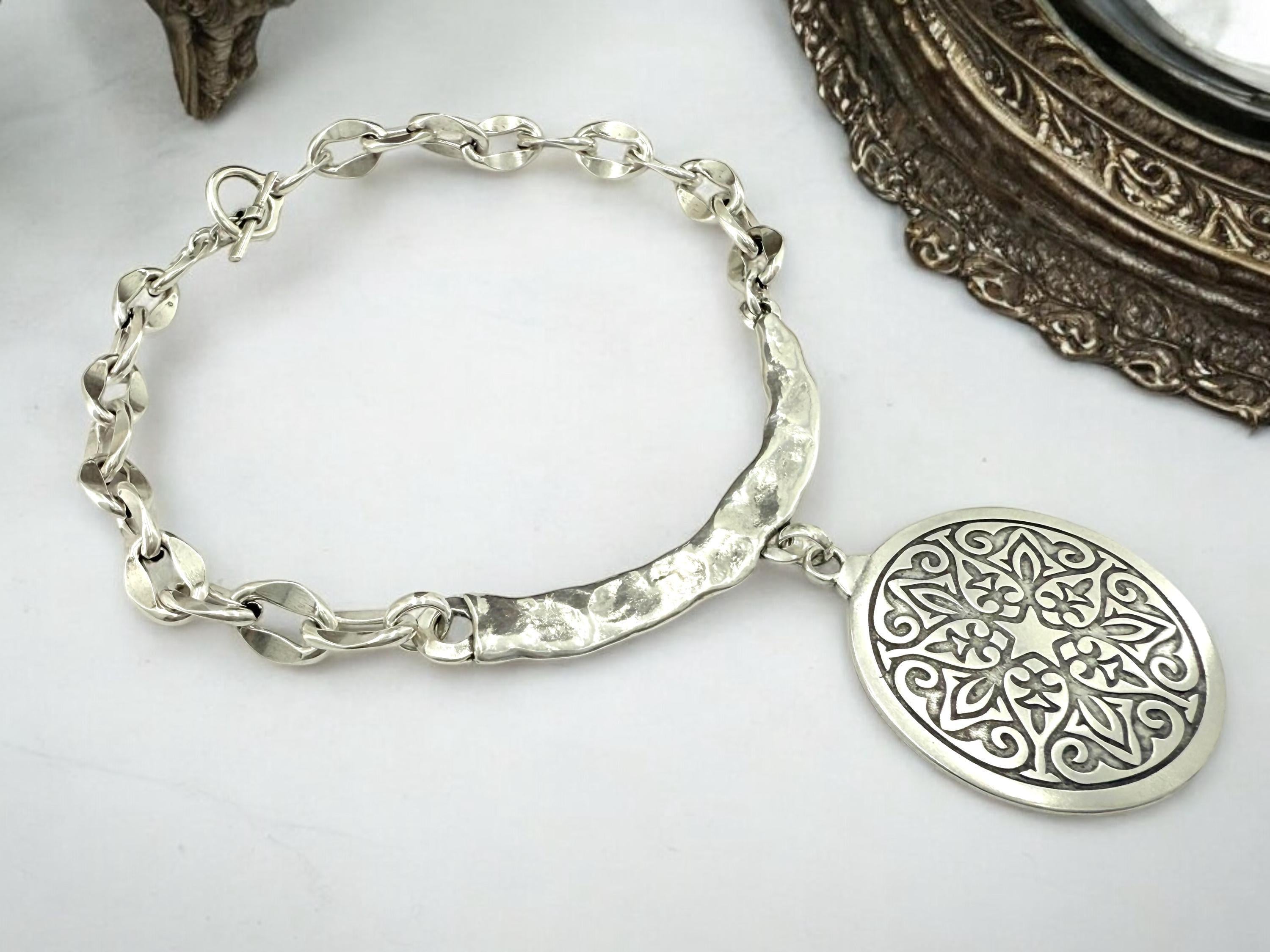 Big mandala tribal pendant silver plated chunky necklace,
