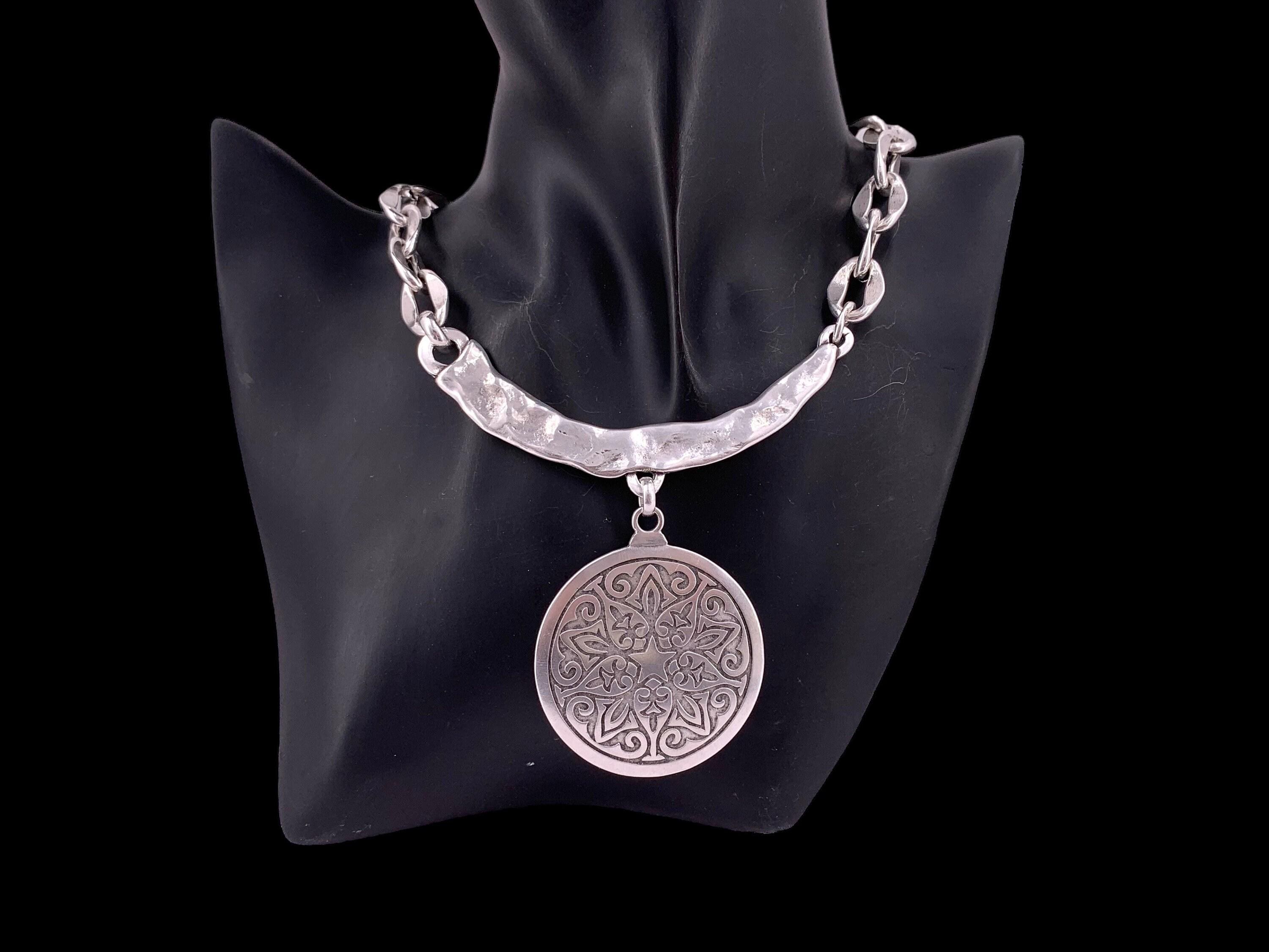 Big mandala tribal pendant silver plated chunky necklace,