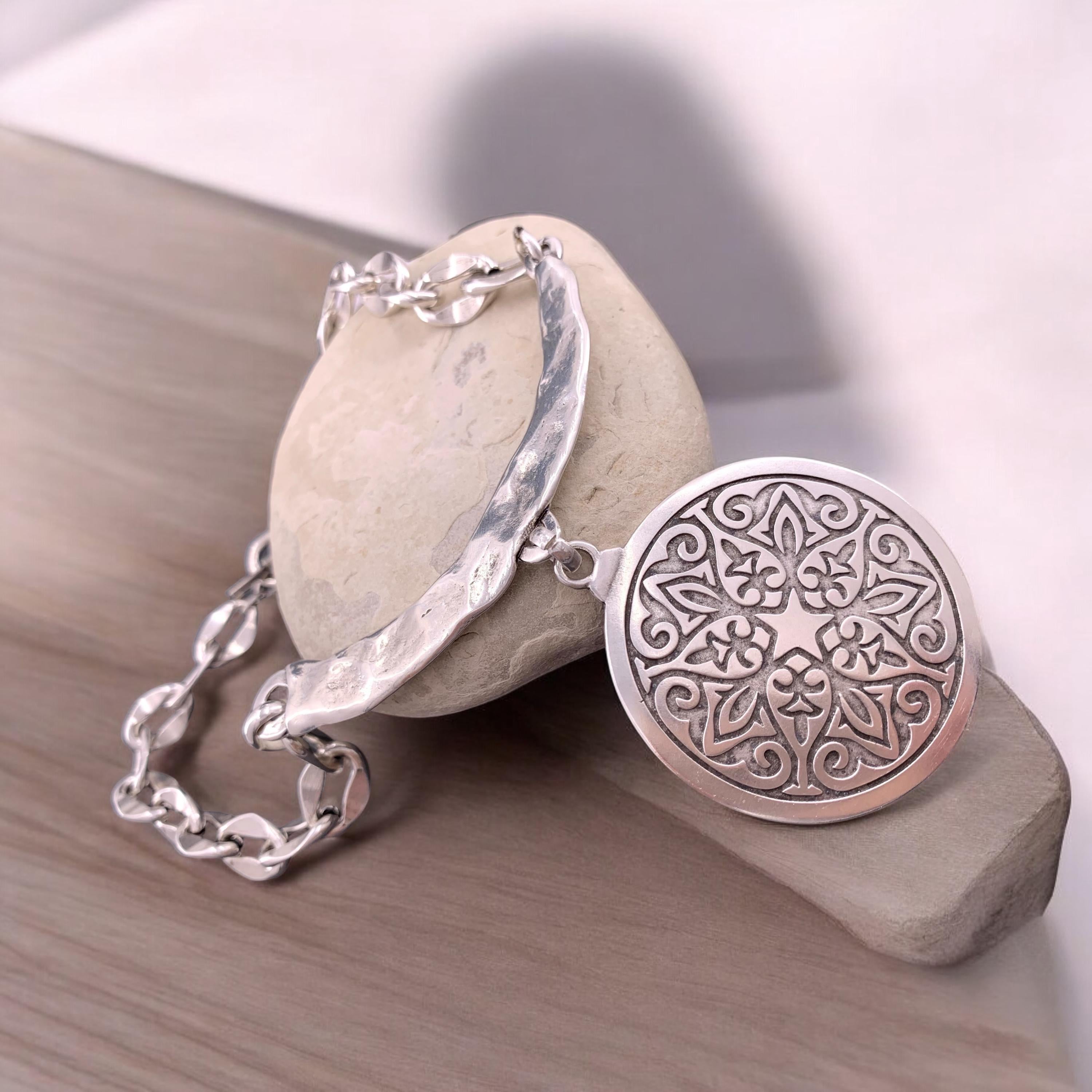 Big mandala tribal pendant silver plated chunky necklace,