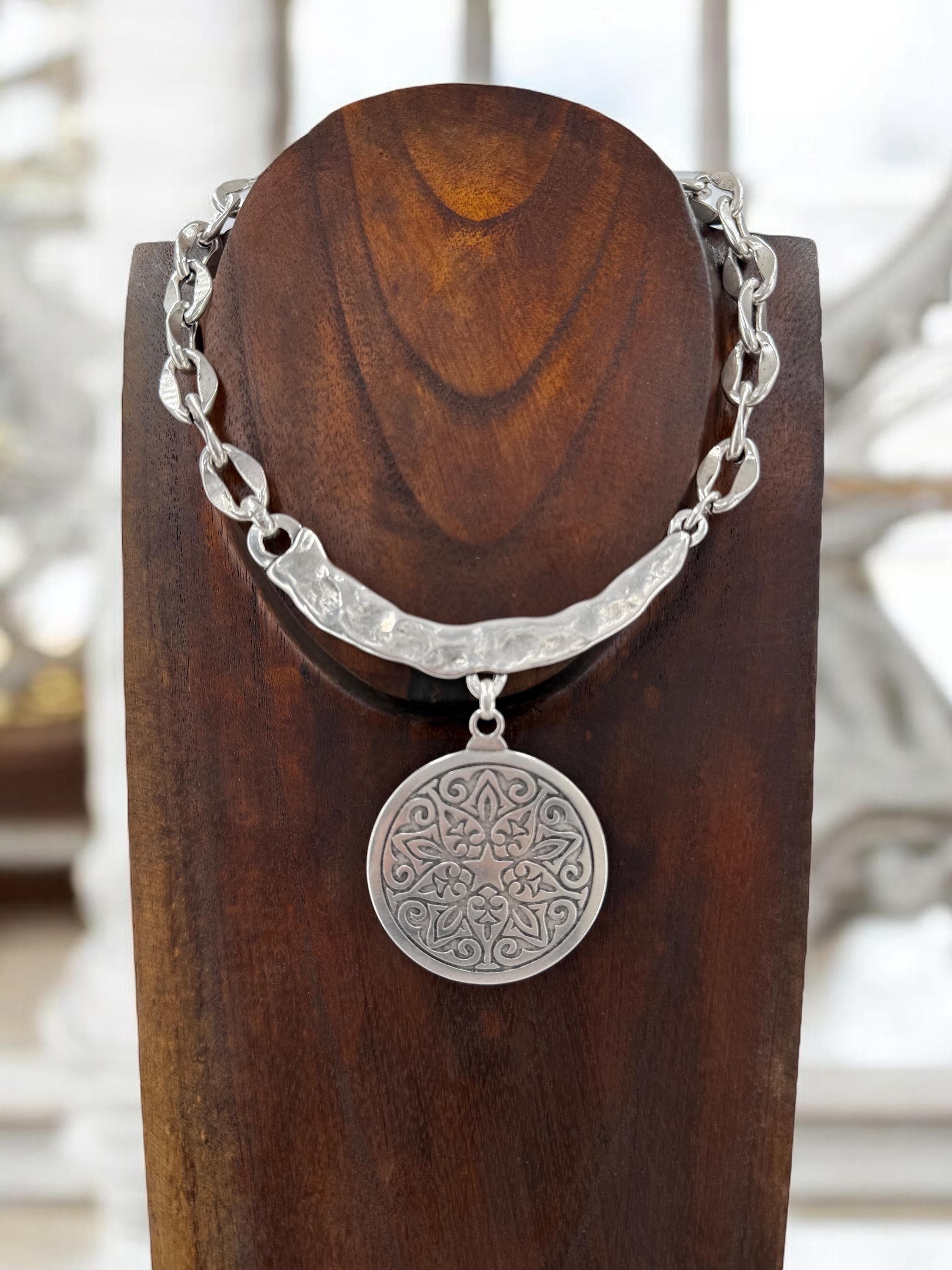 Big mandala tribal pendant silver plated chunky necklace,