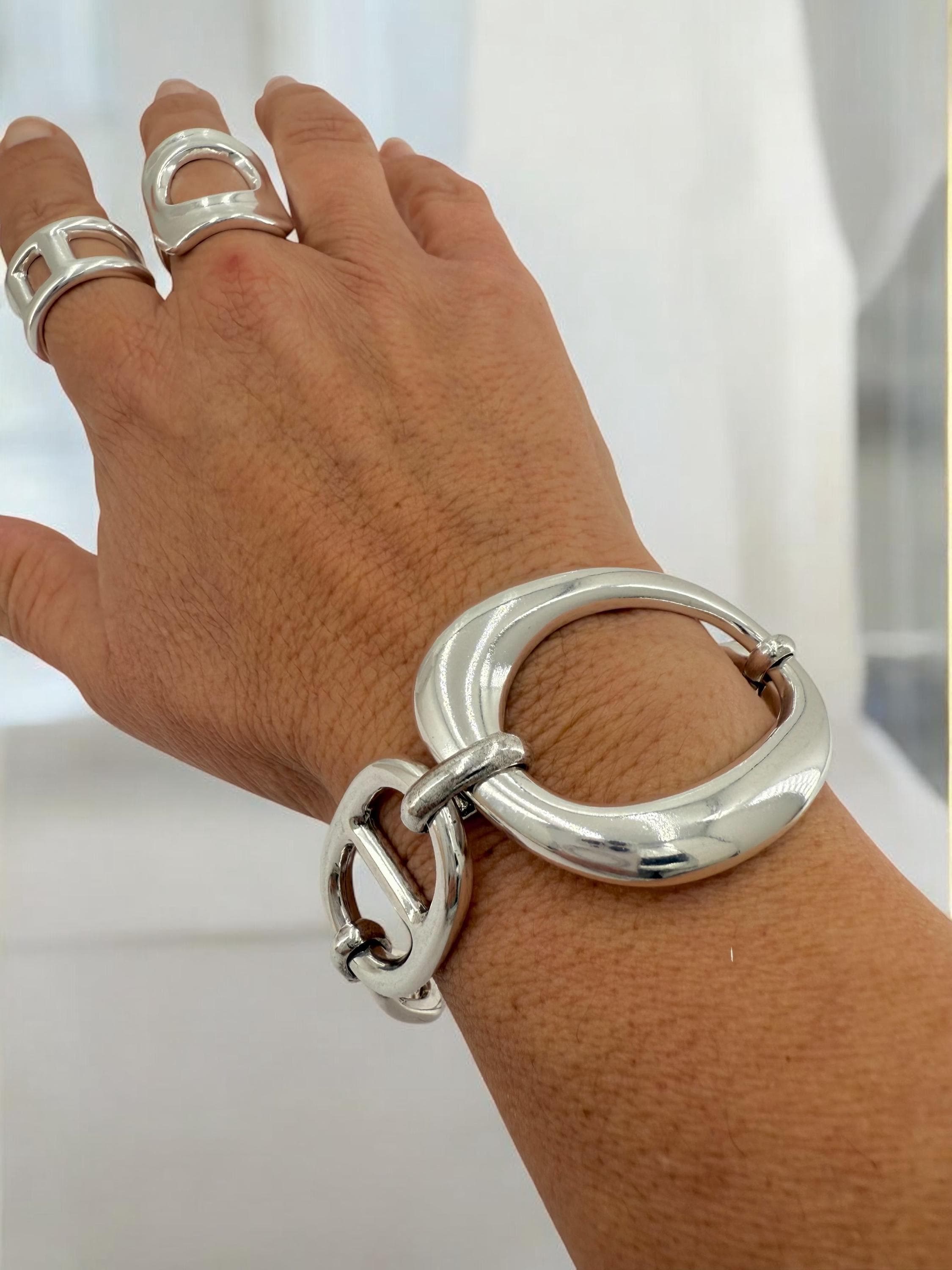 Chunky oval mariner link silver bracelet, silver plated, adjustable cuff