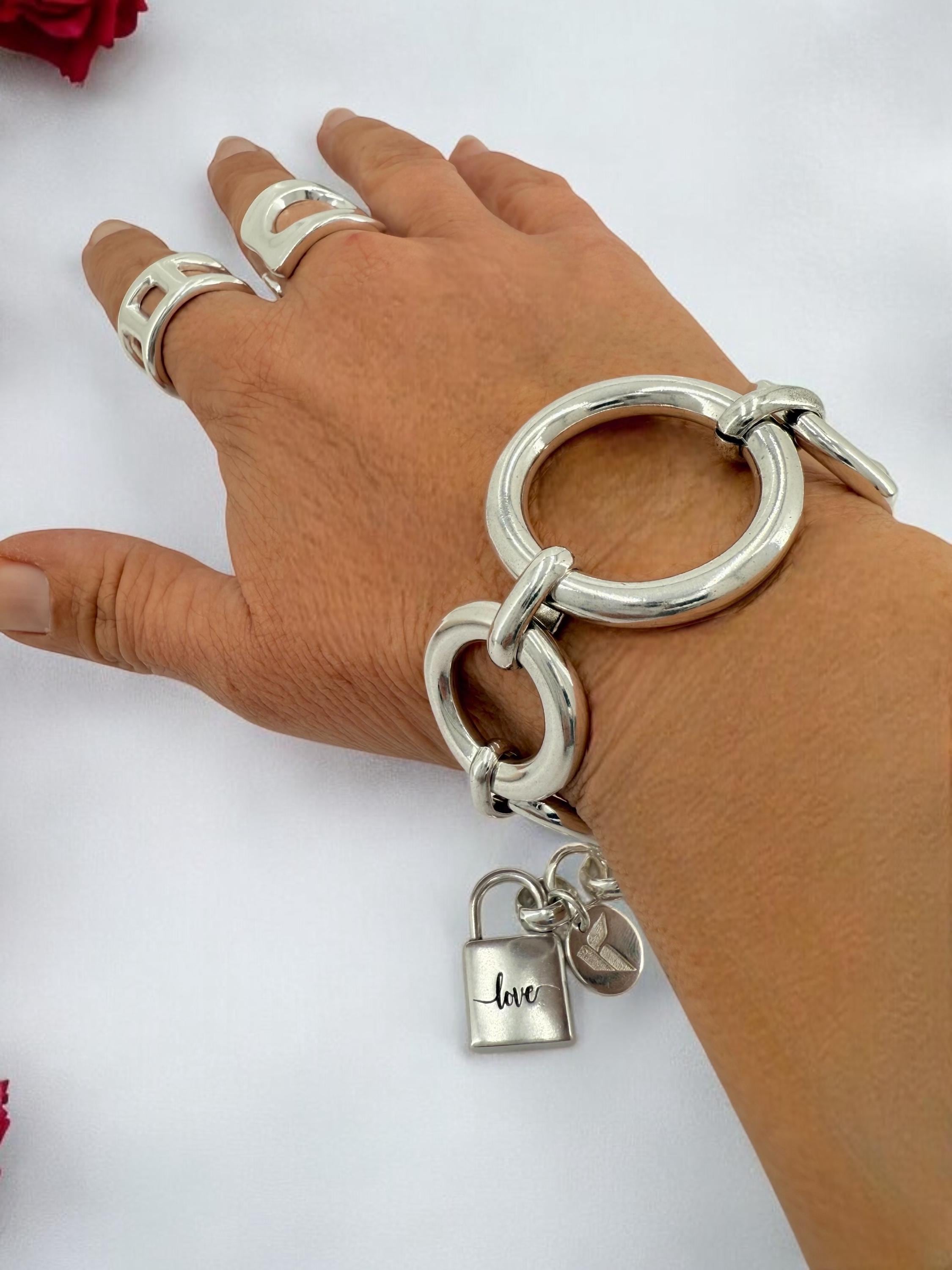 Artisian chunky links bracelet, oversize silver plated chain cuff, industrial jewelry