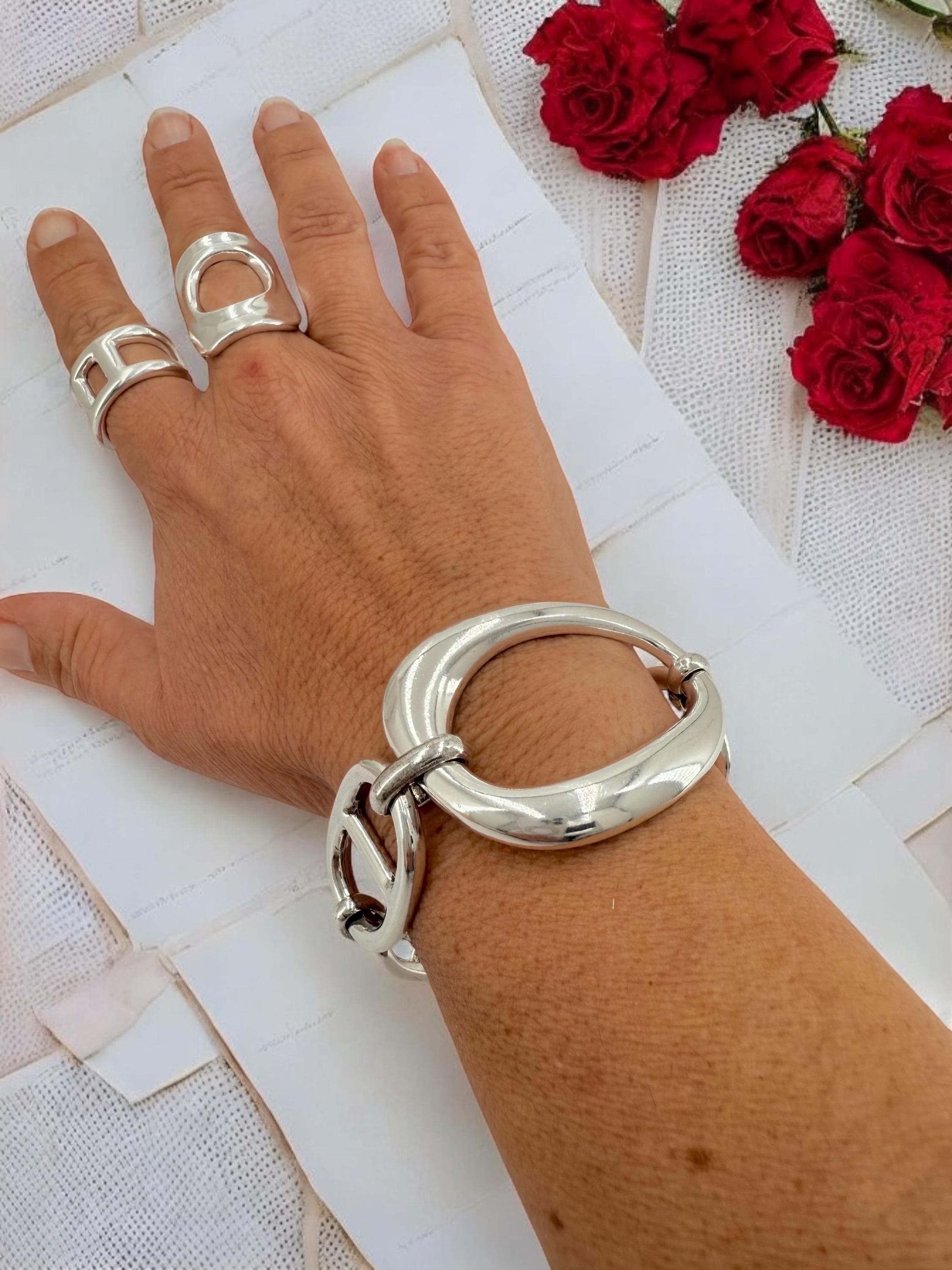Chunky oval mariner link silver bracelet, silver plated, adjustable cuff