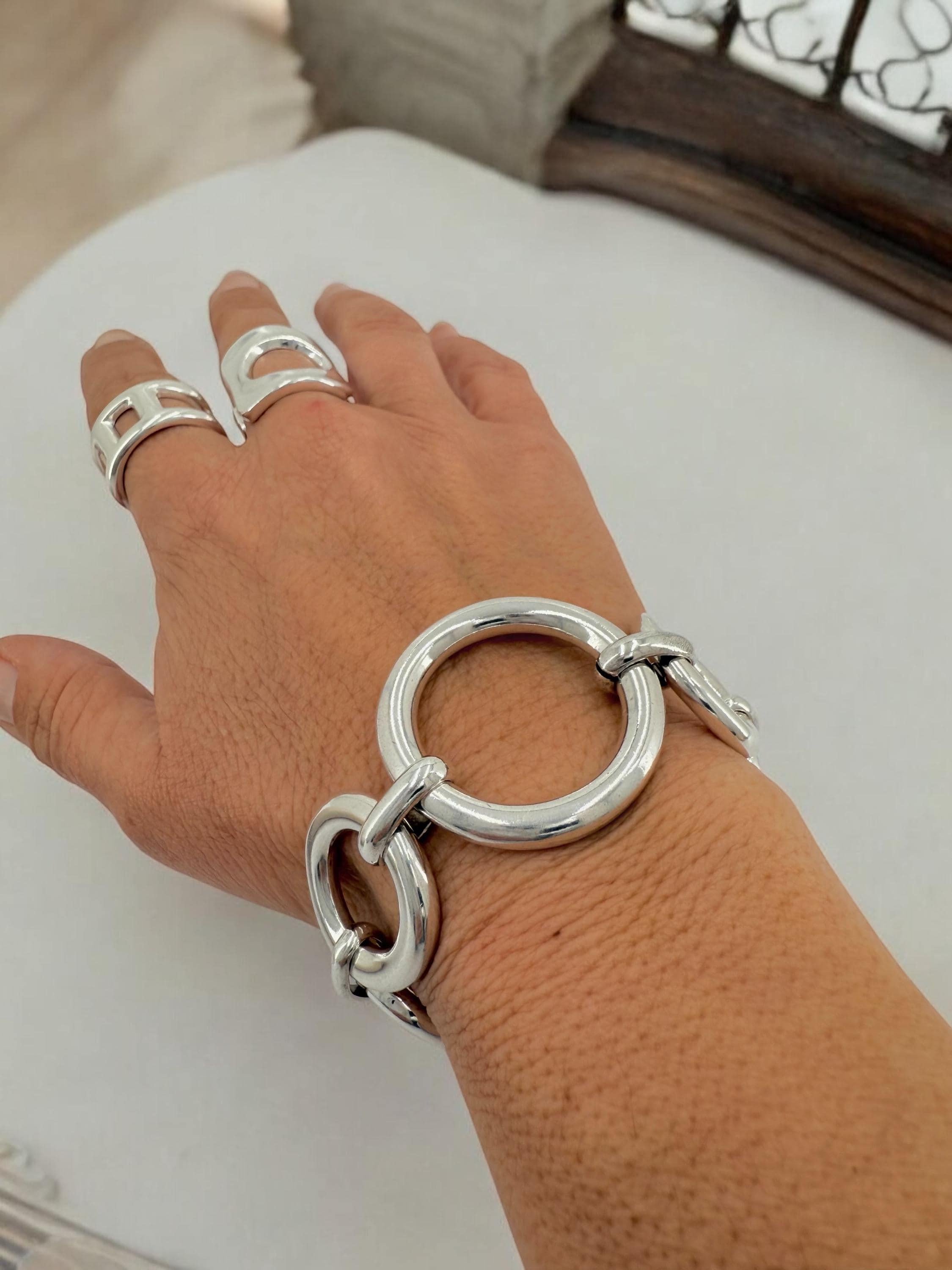 Artisian chunky links bracelet, oversize silver plated chain cuff, industrial jewelry