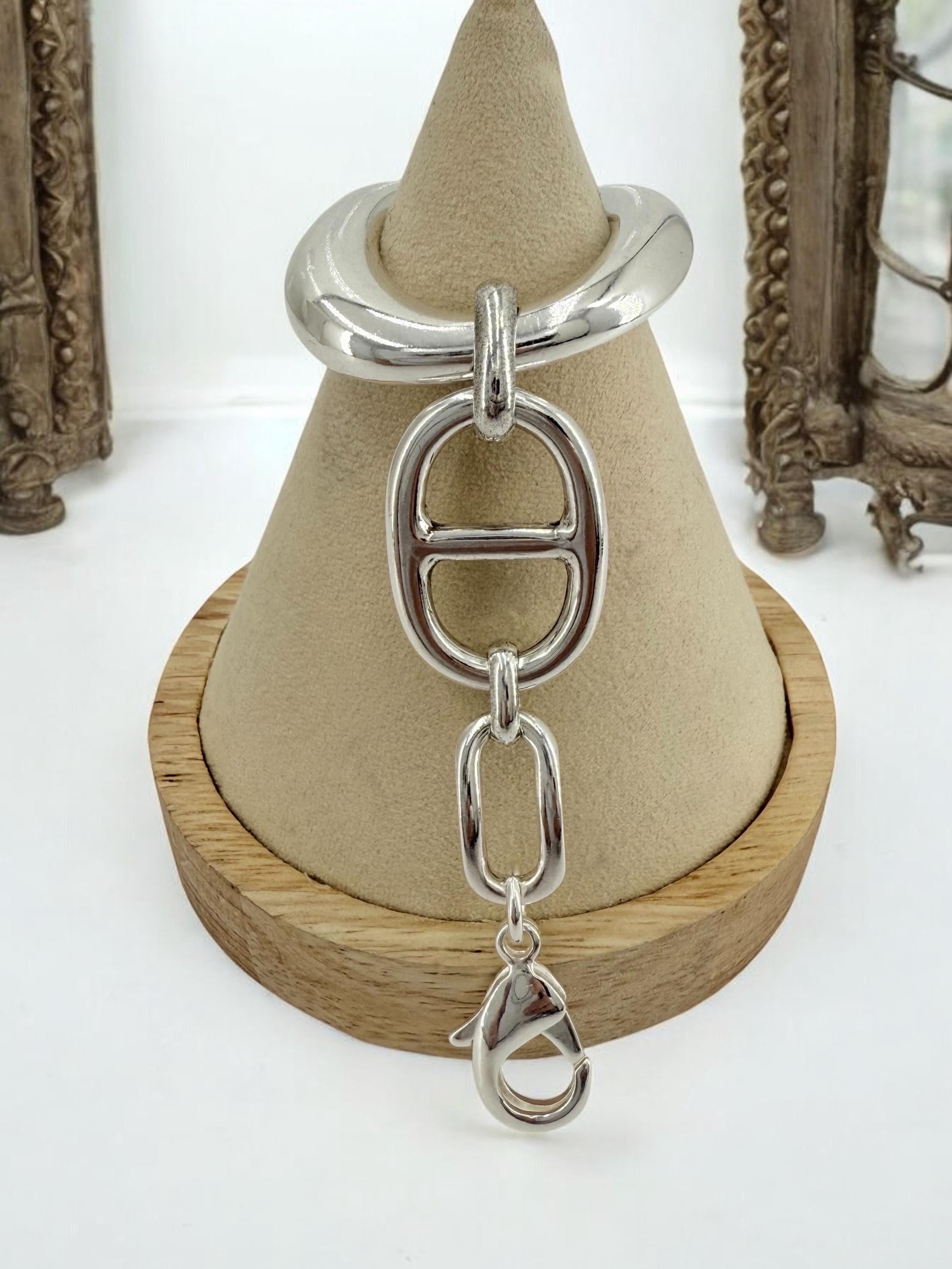 Chunky oval mariner link silver bracelet, silver plated, adjustable cuff