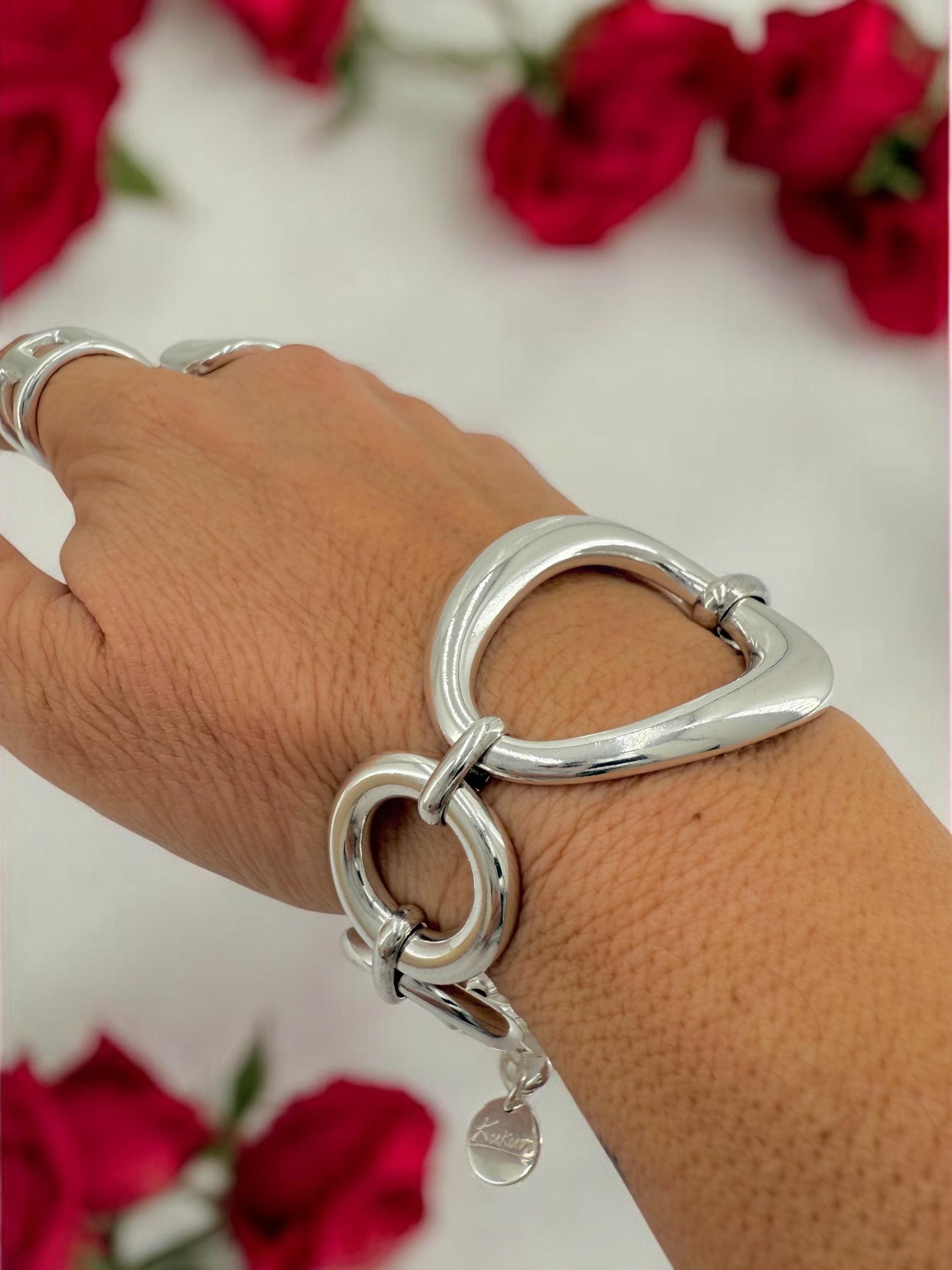Chunky oval mariner link silver bracelet, silver plated, adjustable cuff
