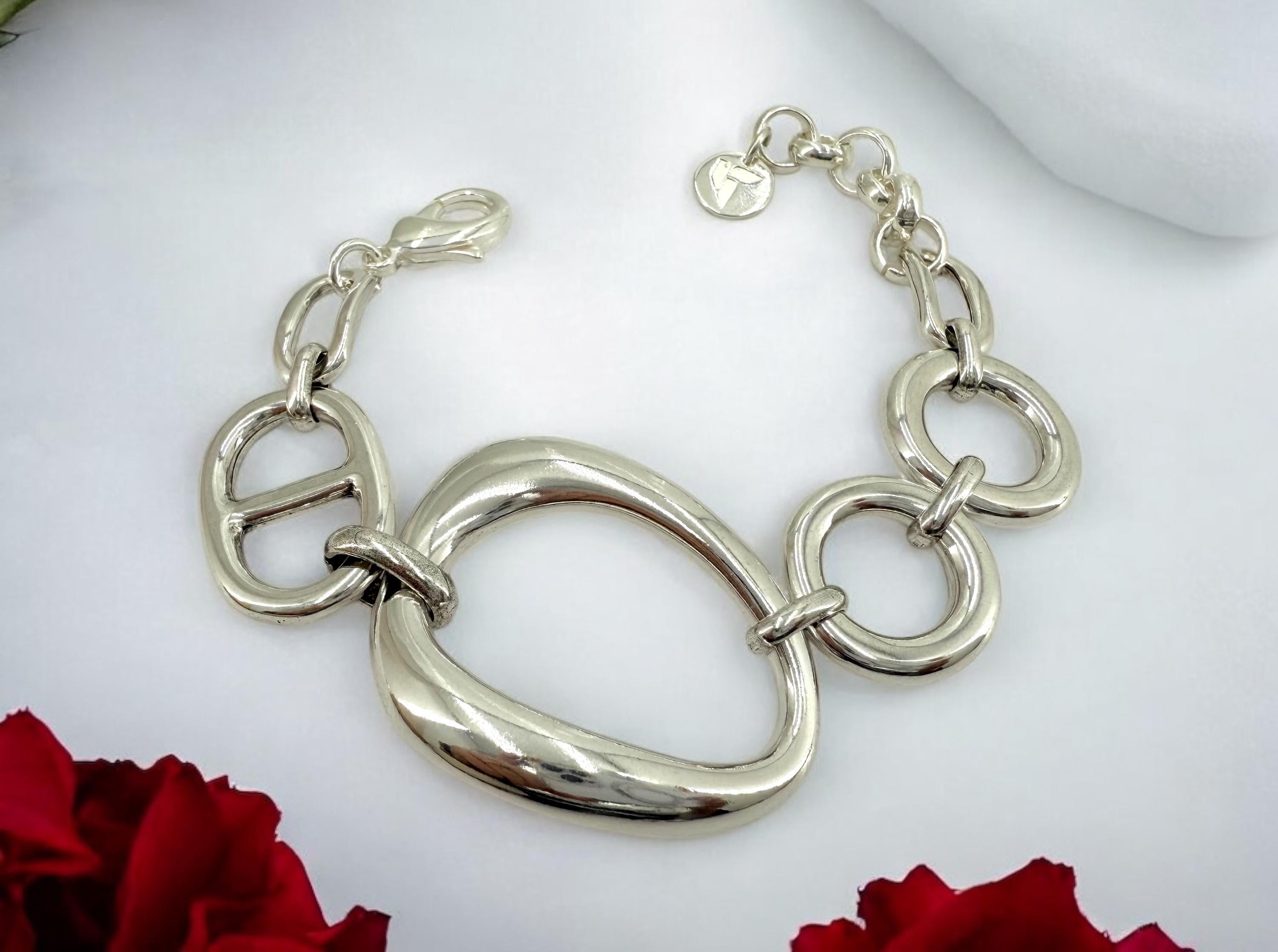 Chunky oval mariner link silver bracelet, silver plated, adjustable cuff