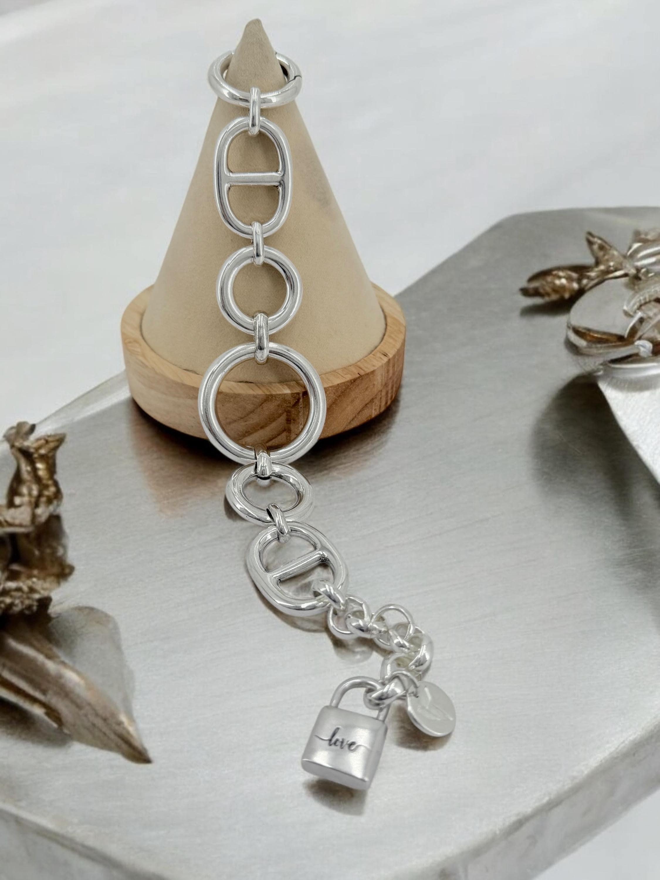 Artisian chunky links bracelet, oversize silver plated chain cuff, industrial jewelry
