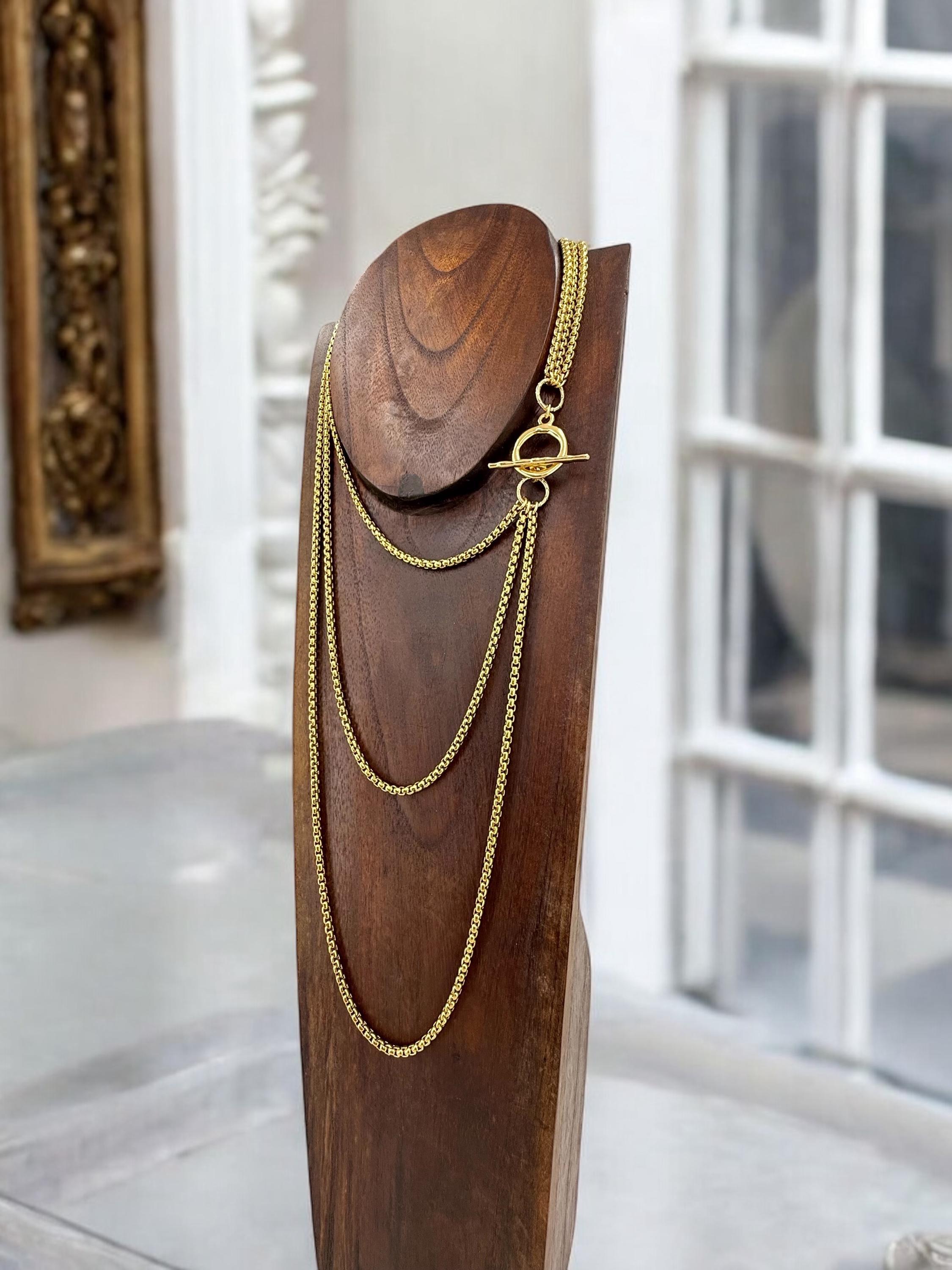 Chunky multi-strand gold chain necklace – layered statement jewelry with toggle clasp – handmade wrap long layering style choker - gift