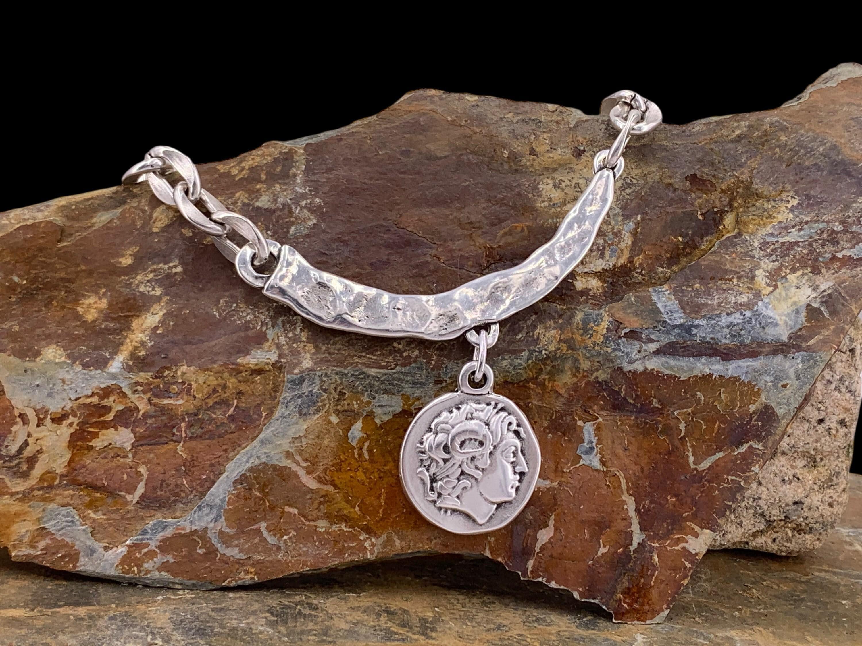 Silver coin pendant necklace, textured bar chain, ancient greek style jewelry