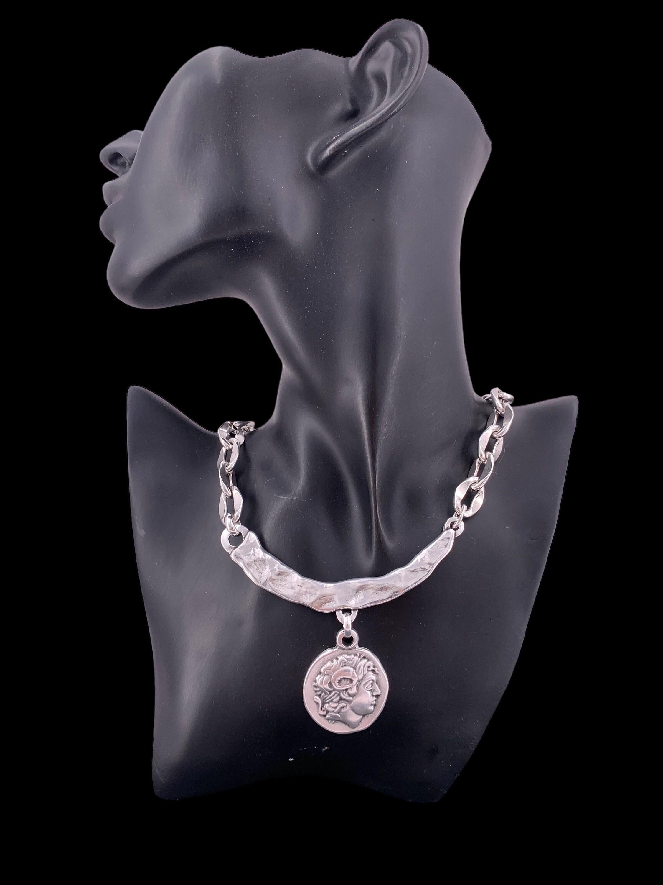 Silver coin pendant necklace, textured bar chain, ancient greek style jewelry