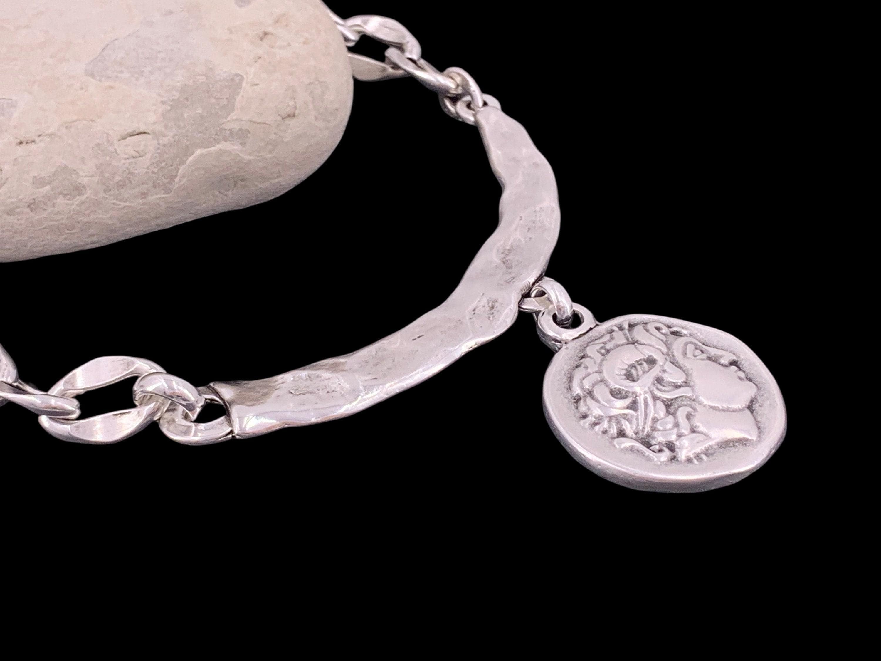 Silver coin pendant necklace, textured bar chain, ancient greek style jewelry