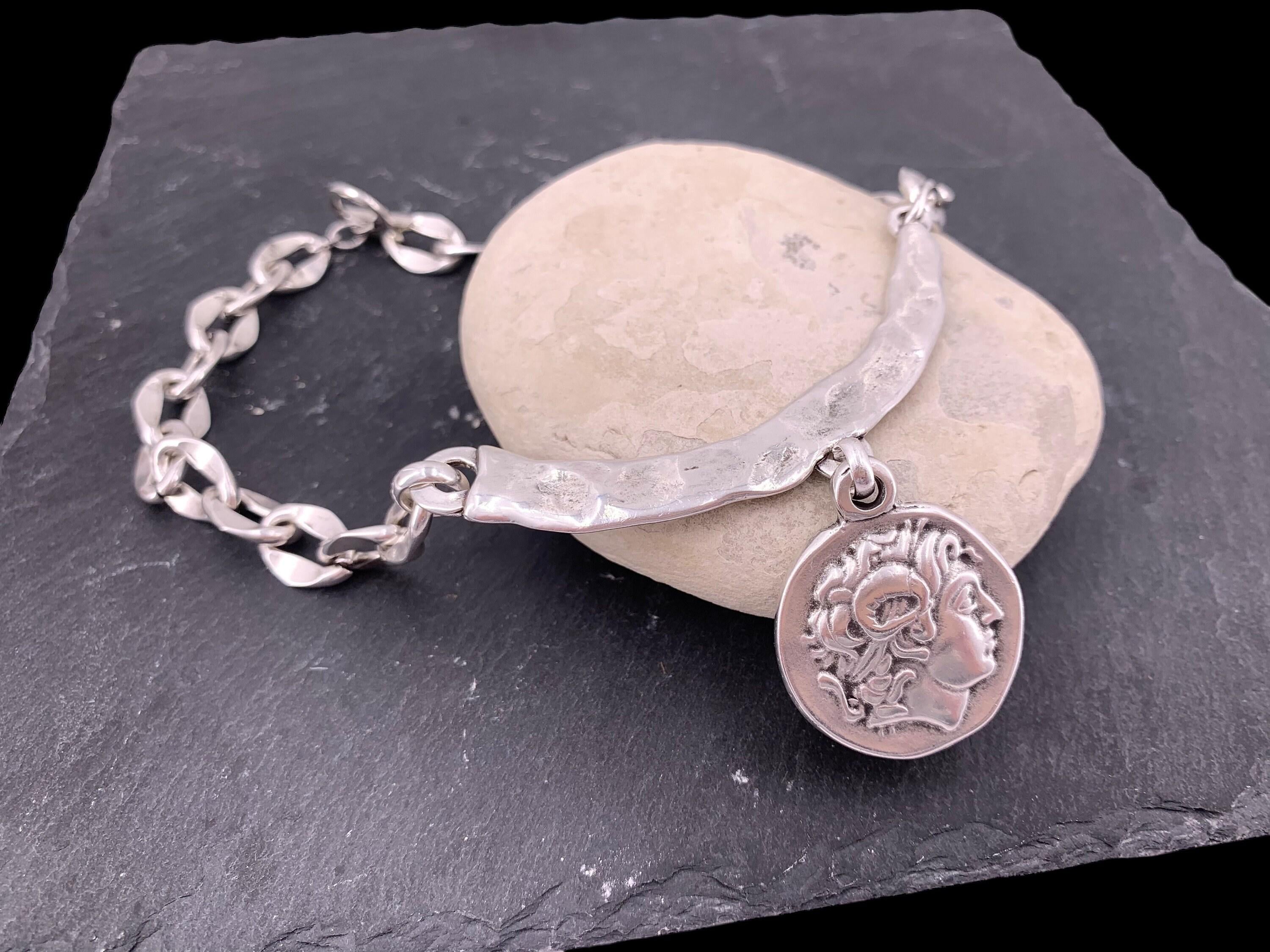 Silver coin pendant necklace, textured bar chain, ancient greek style jewelry