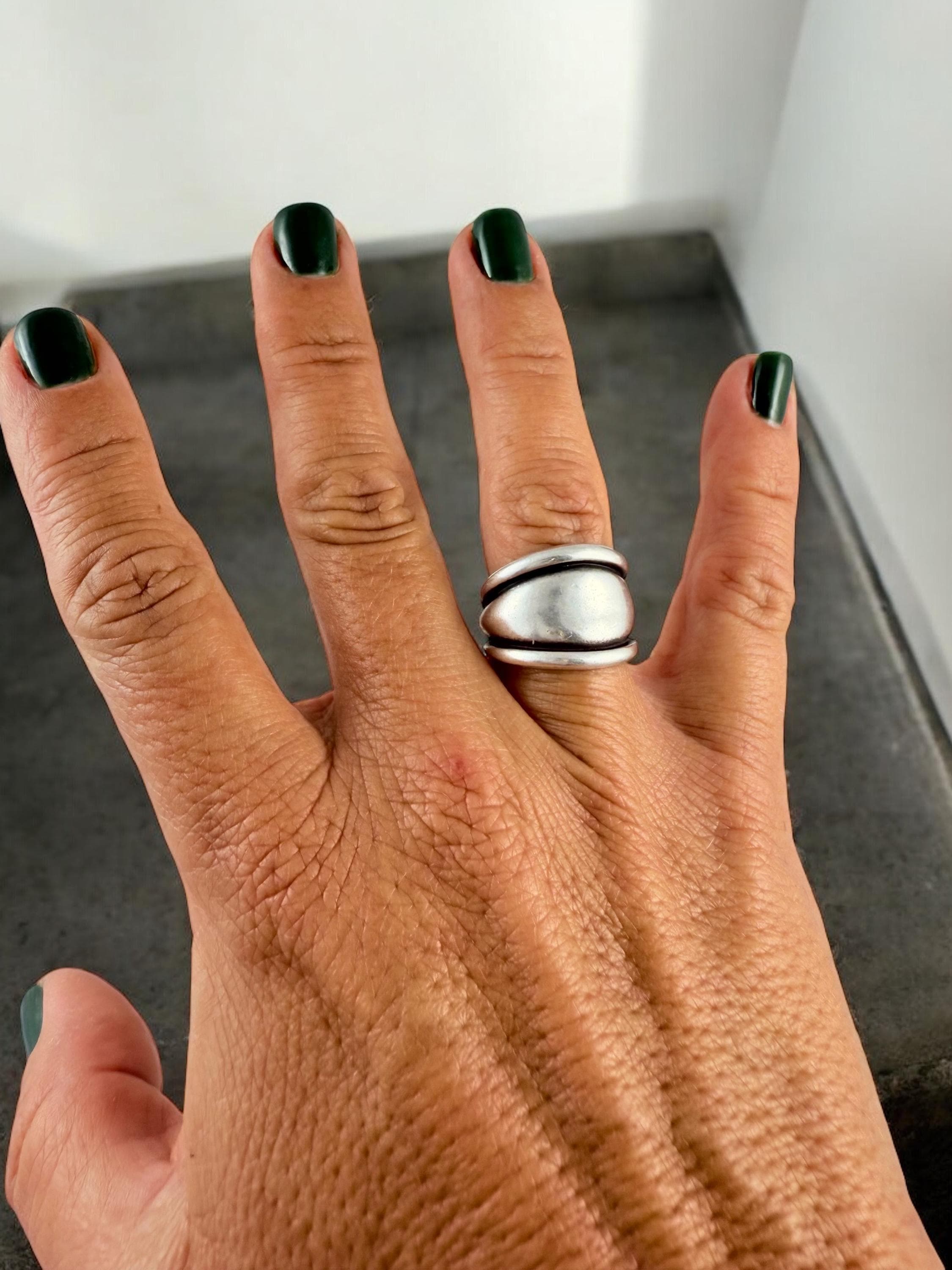 Chunky rock-style silver dome ring, bold jewelry