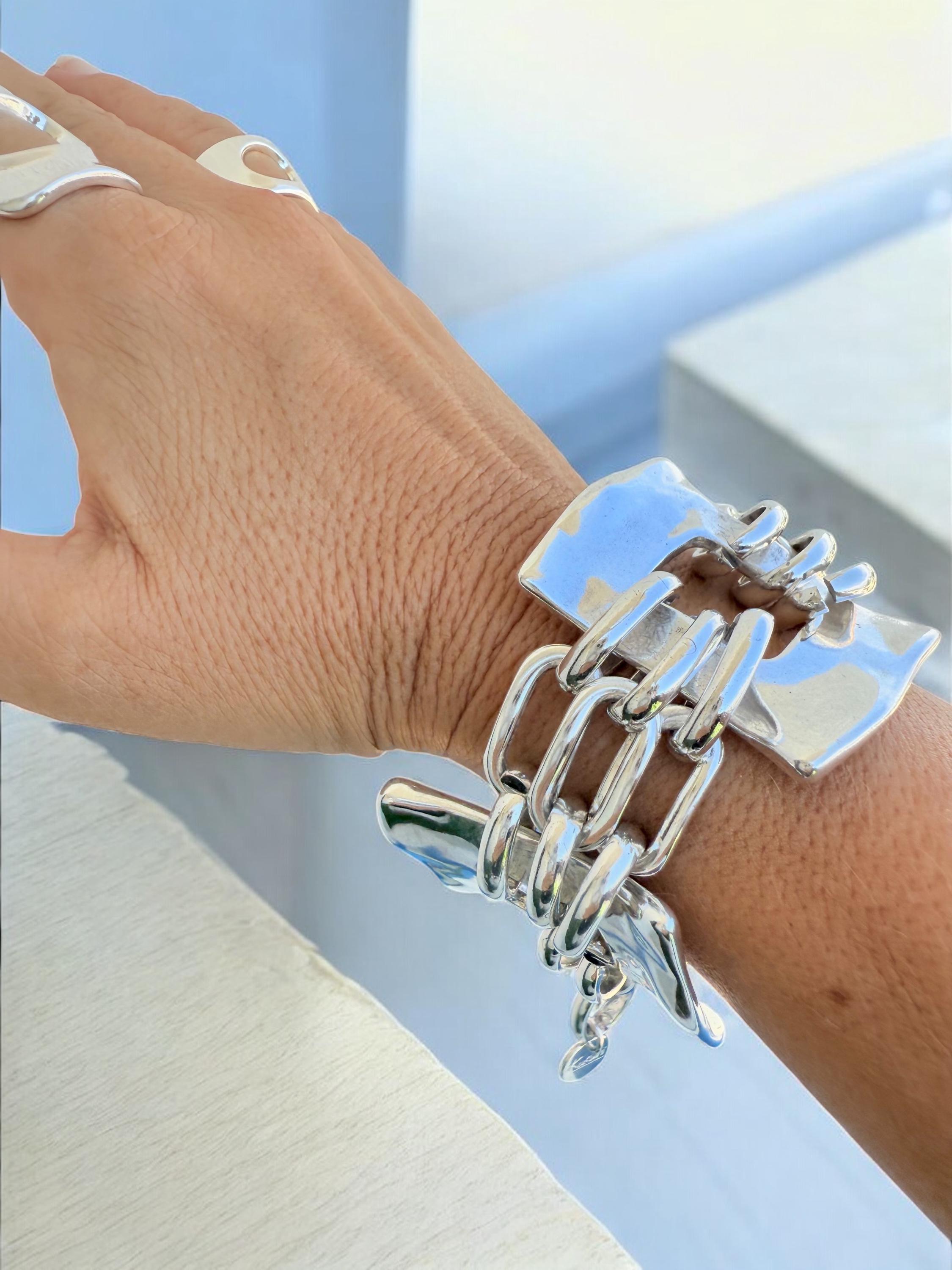 Chunky geometric silver bracelet – bold statement cuff – adjustable, plus‑size friendly