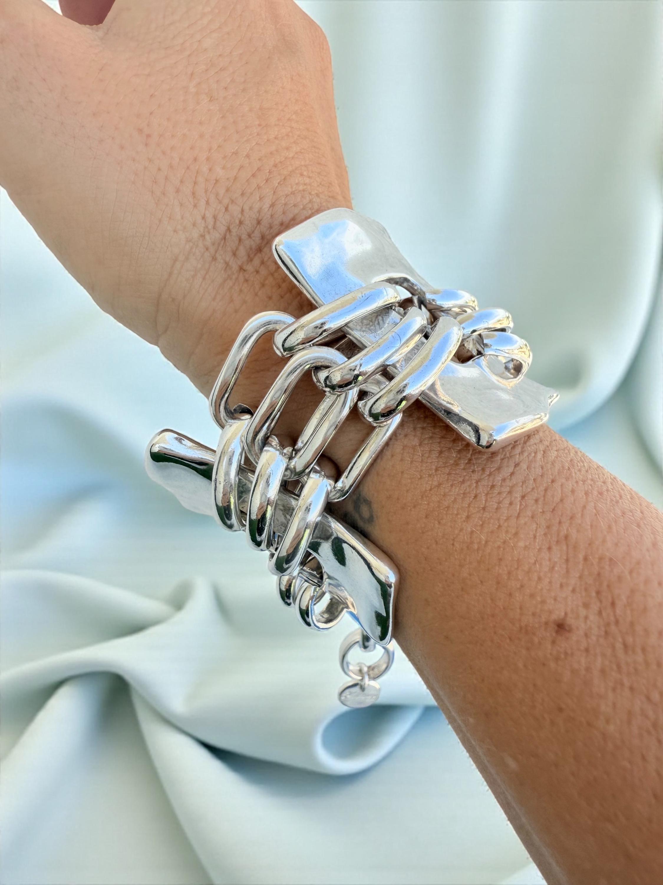 Chunky geometric silver bracelet – bold statement cuff – adjustable, plus‑size friendly