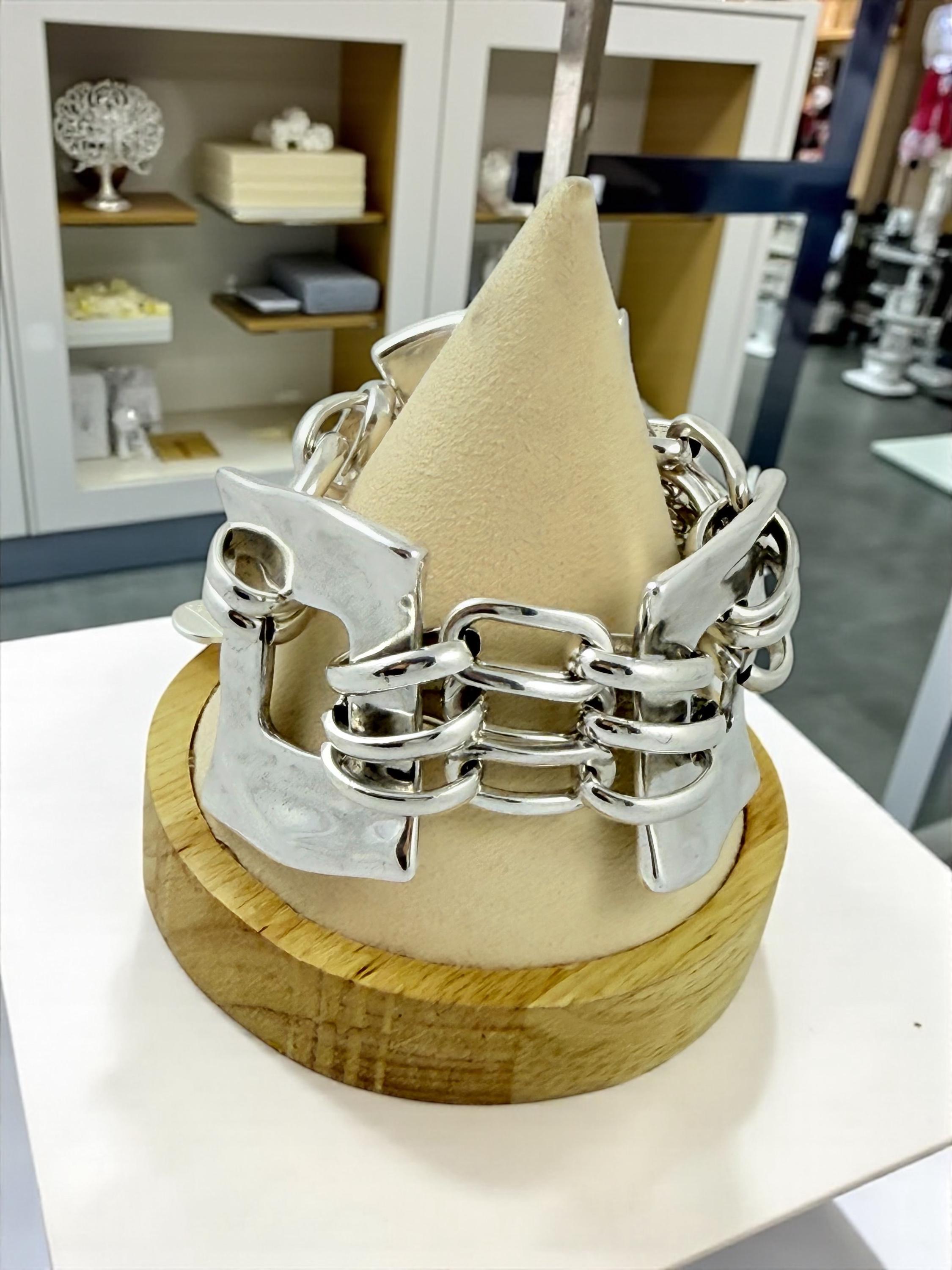 Chunky geometric silver bracelet – bold statement cuff – adjustable, plus‑size friendly