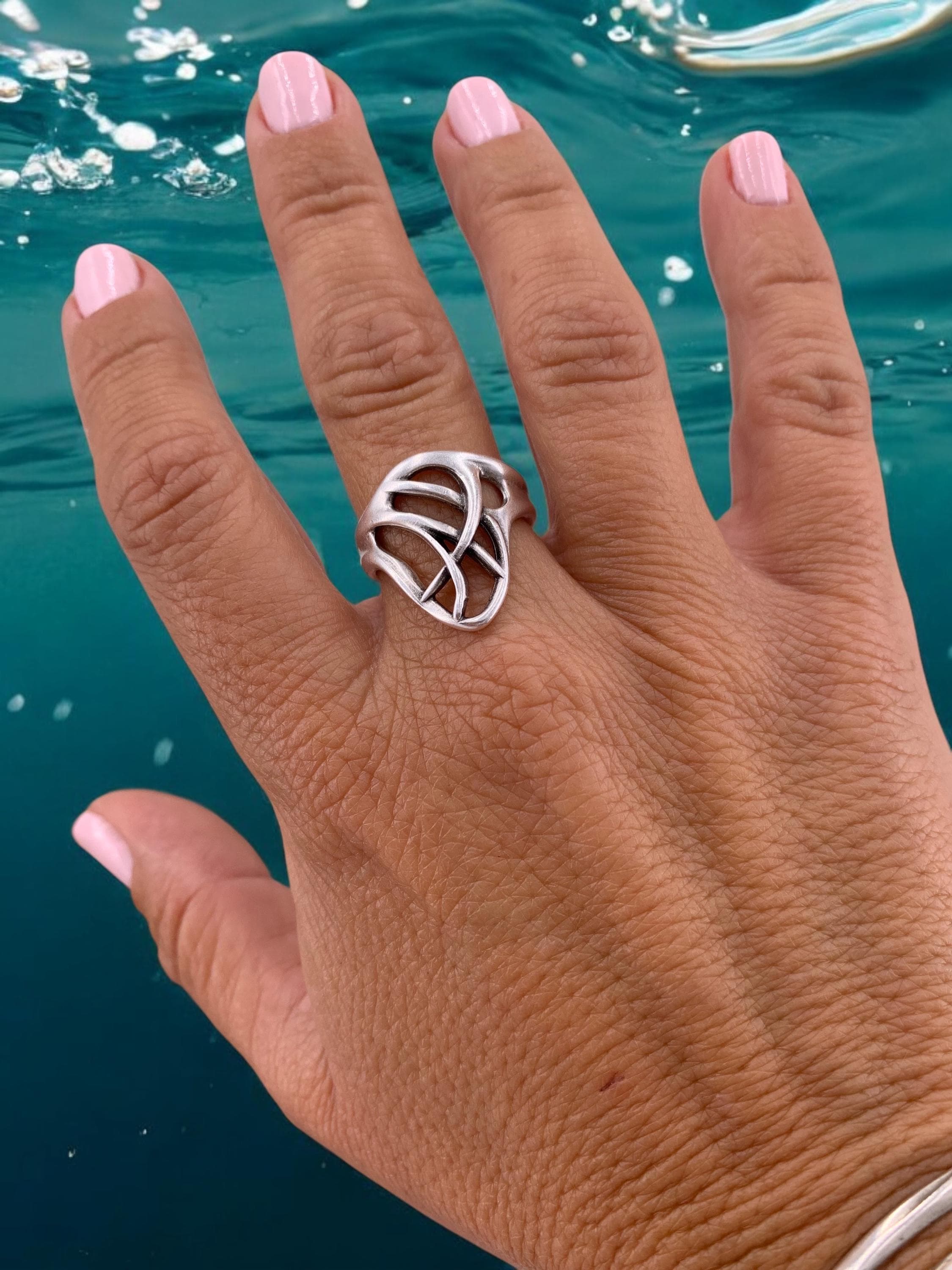 Silver carved wide ring, adjustable bohemian jewelry