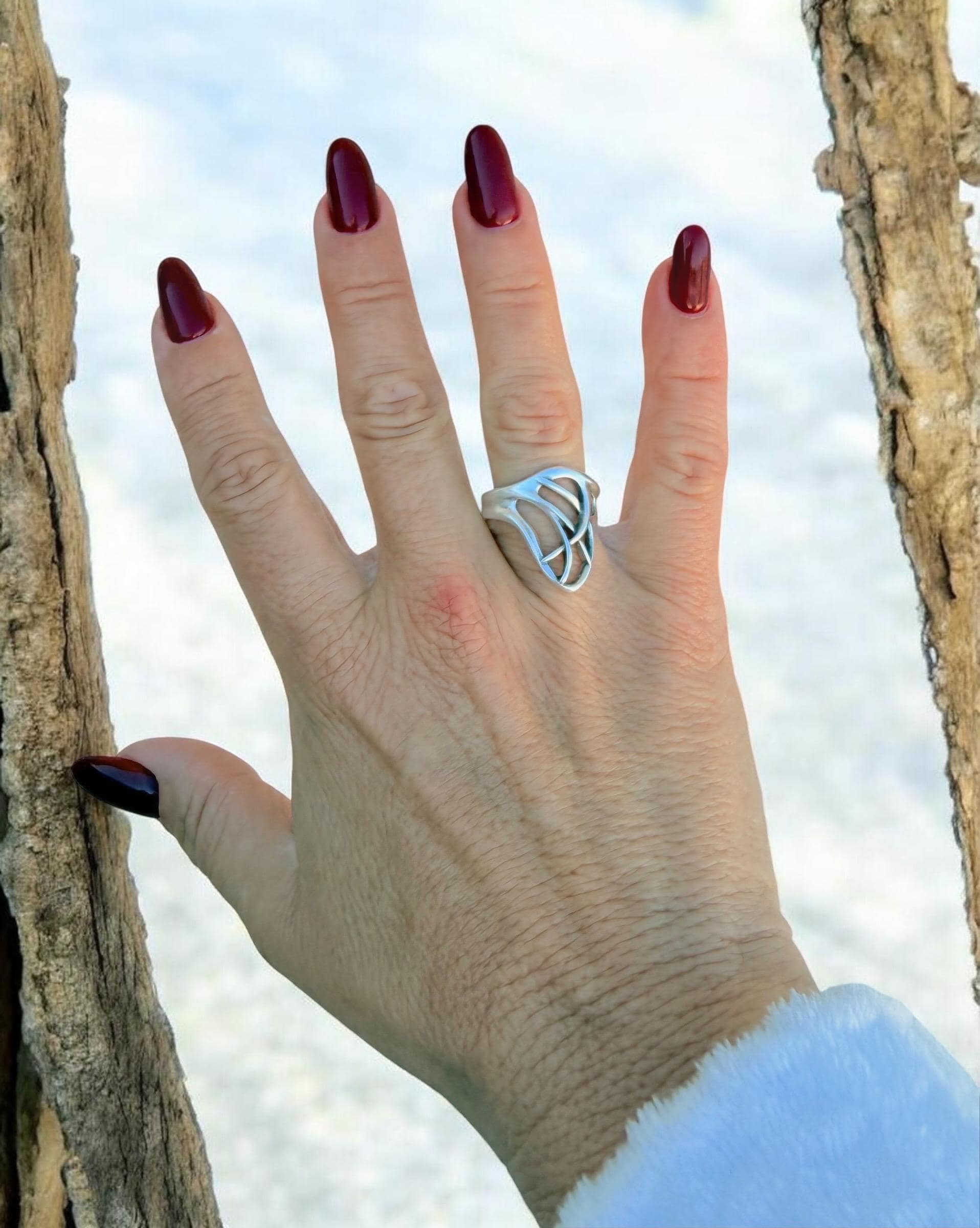 Silver carved wide ring, adjustable bohemian jewelry