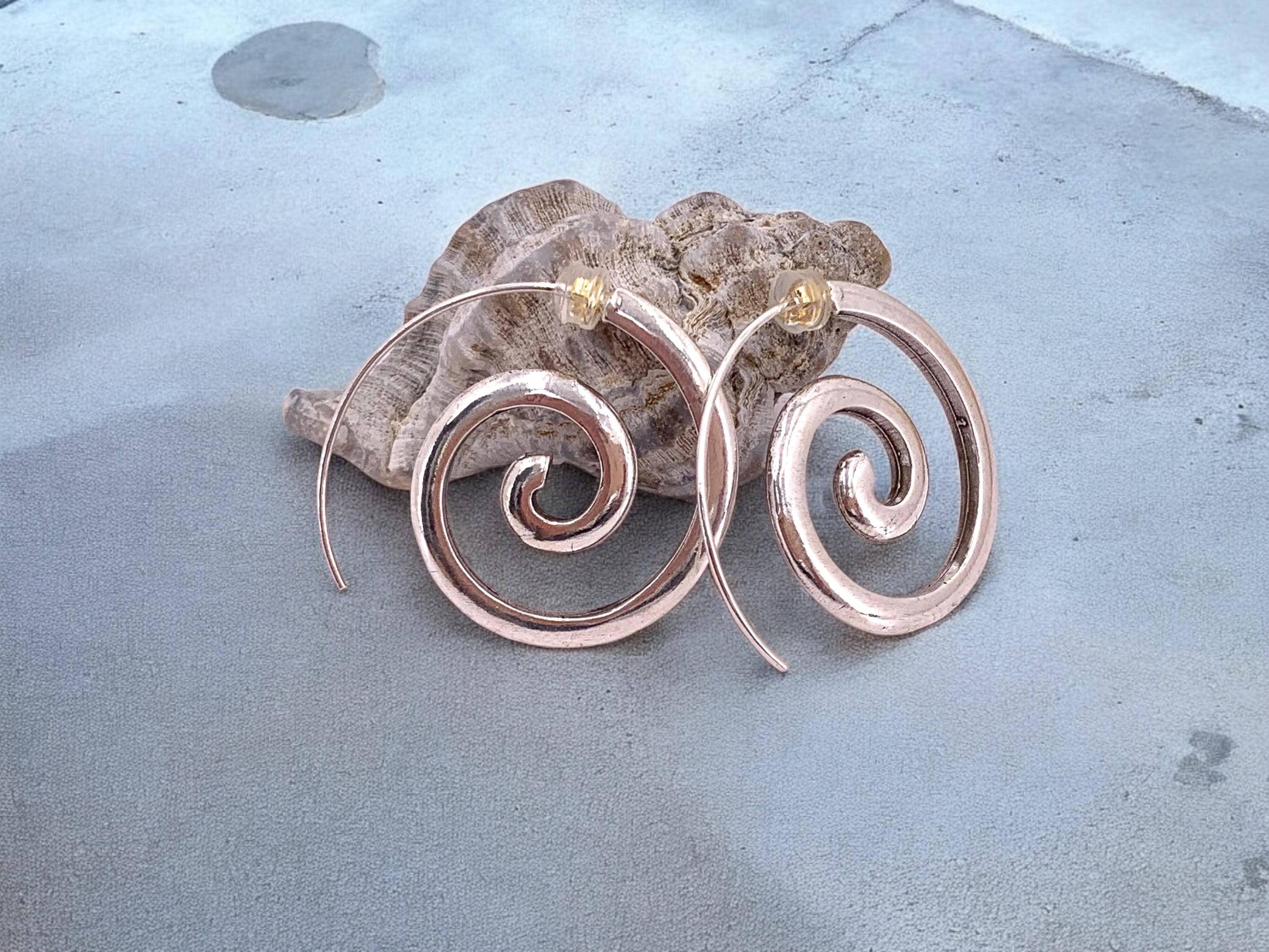 Pendientes de espiral de plata gruesa, pendientes de plata de estilo étnico, pendientes llamativos, pendientes de aro grandes boho,