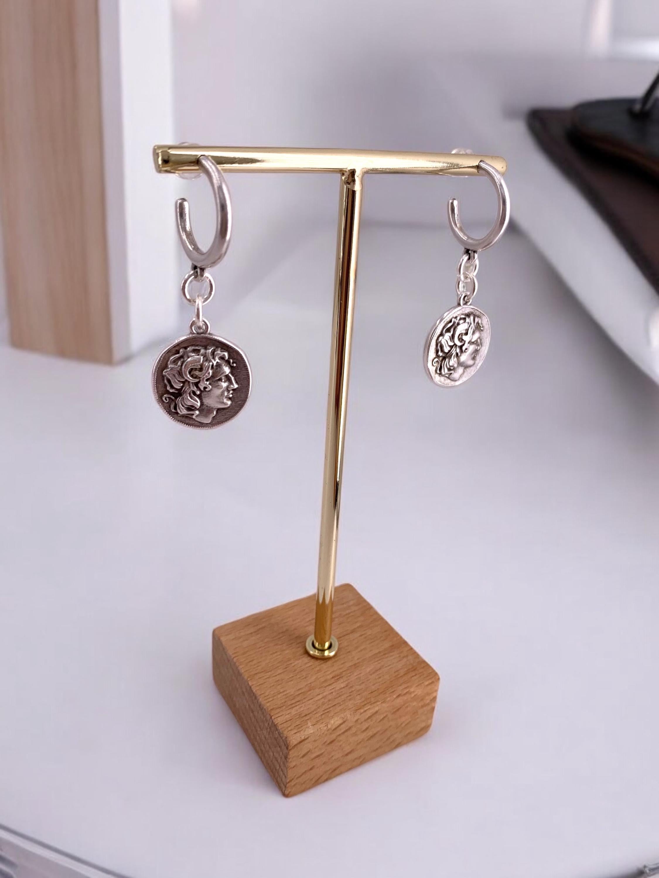 Huggie hoop dangle coins silver earrings, dropped silver coins earrings, hoop earrings, , bohemian earrings, gift for women