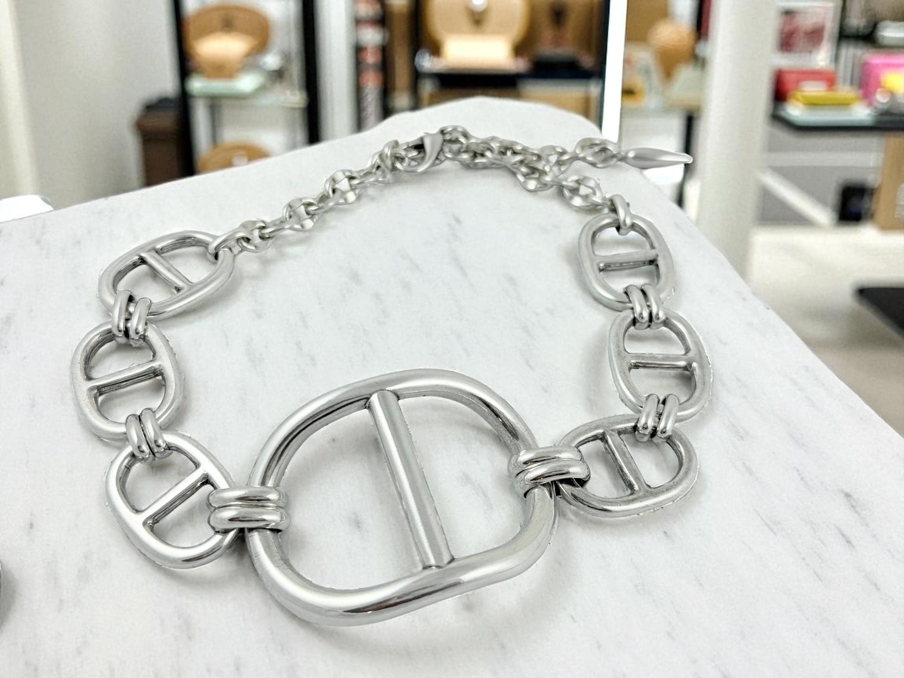 Silver plated brutalist choker with chunky central mariner link, handmade jewelry