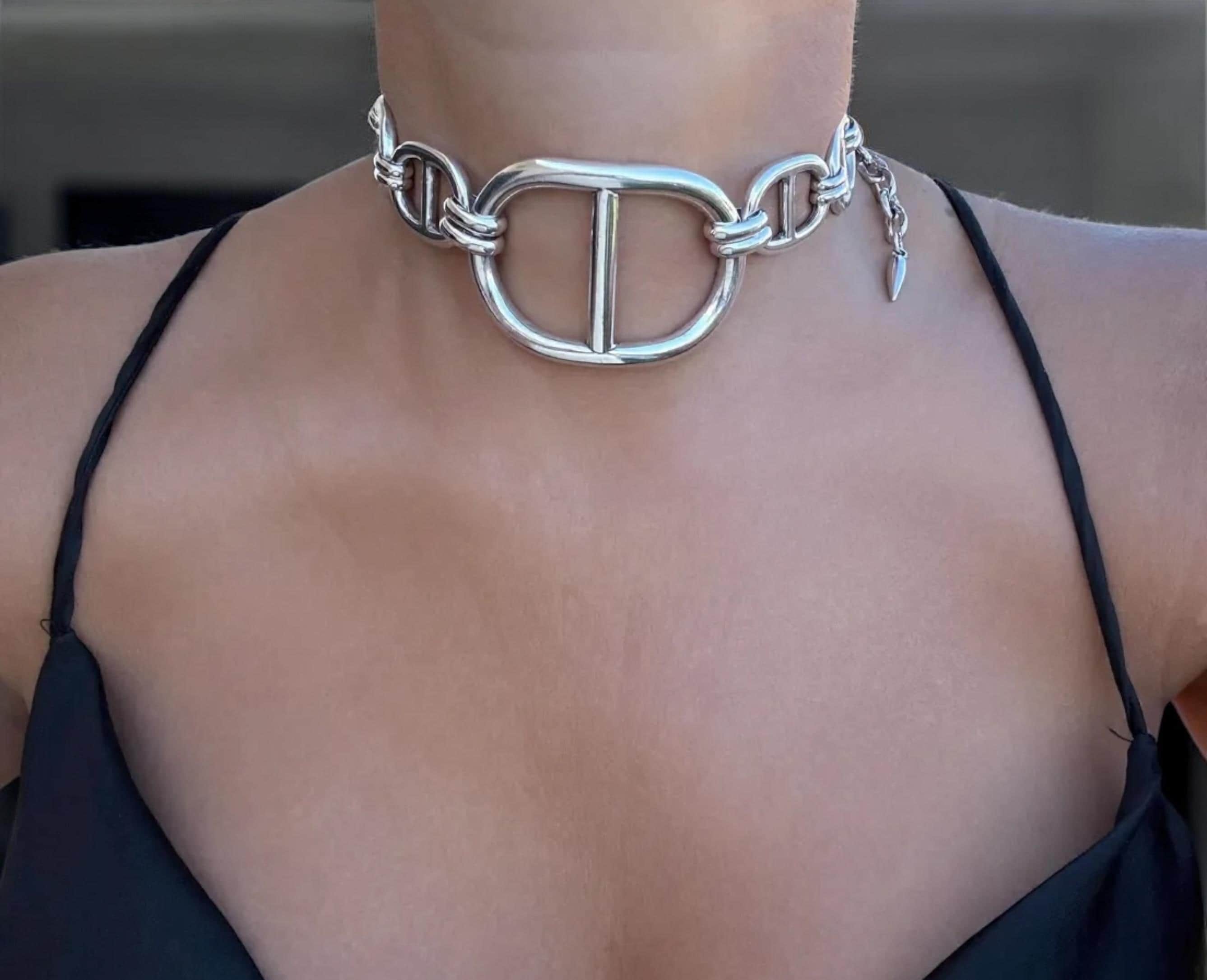Silver plated brutalist choker with chunky central mariner link, handmade jewelry
