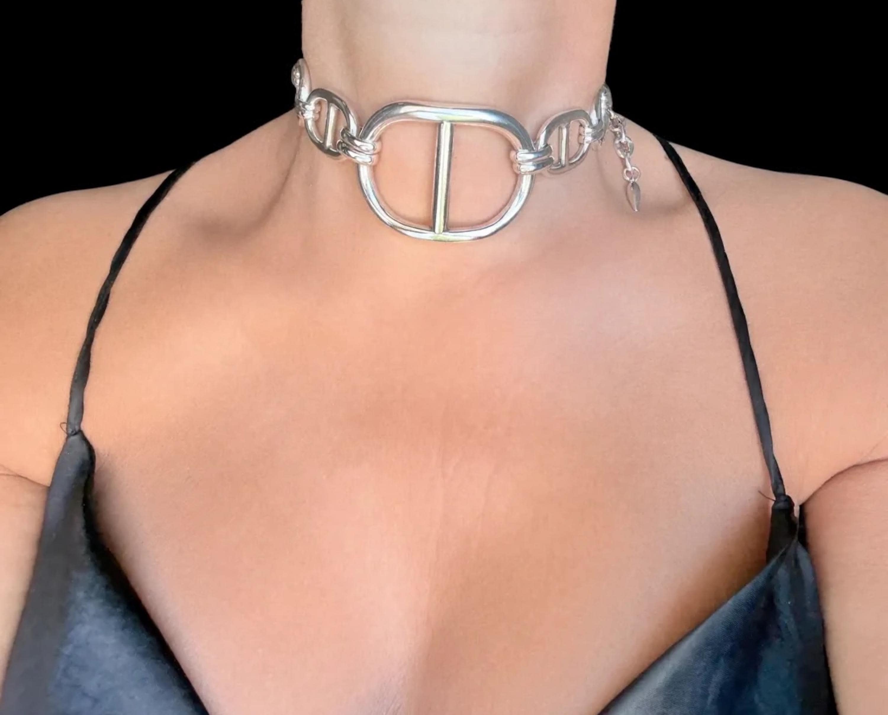 Silver plated brutalist choker with chunky central mariner link, handmade jewelry