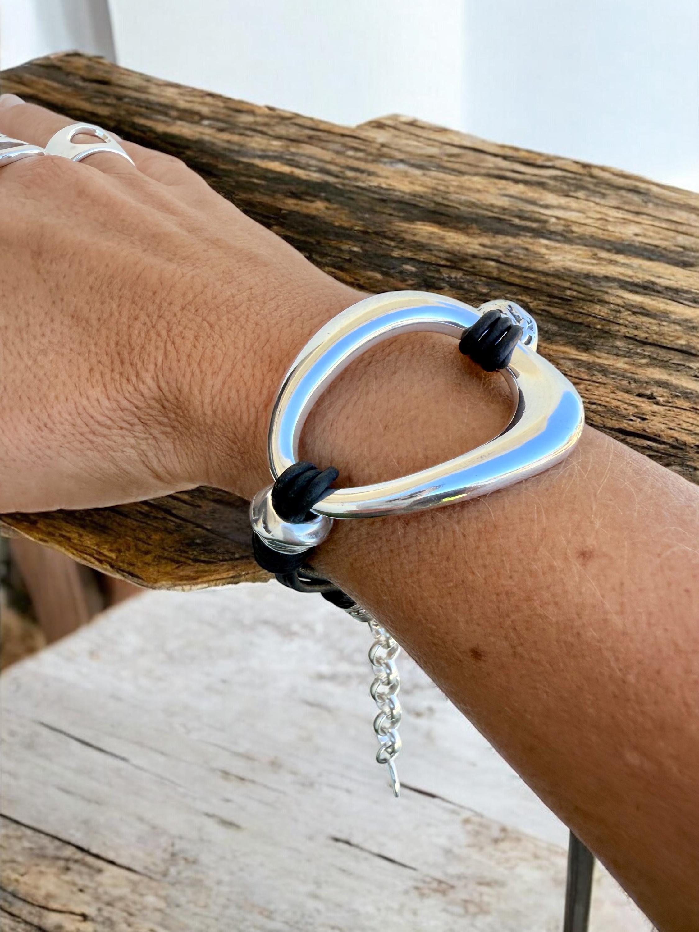 Chunky leather & silver bold bracelet – brutalist boho style – adjustable – handmade kukuri jewelry