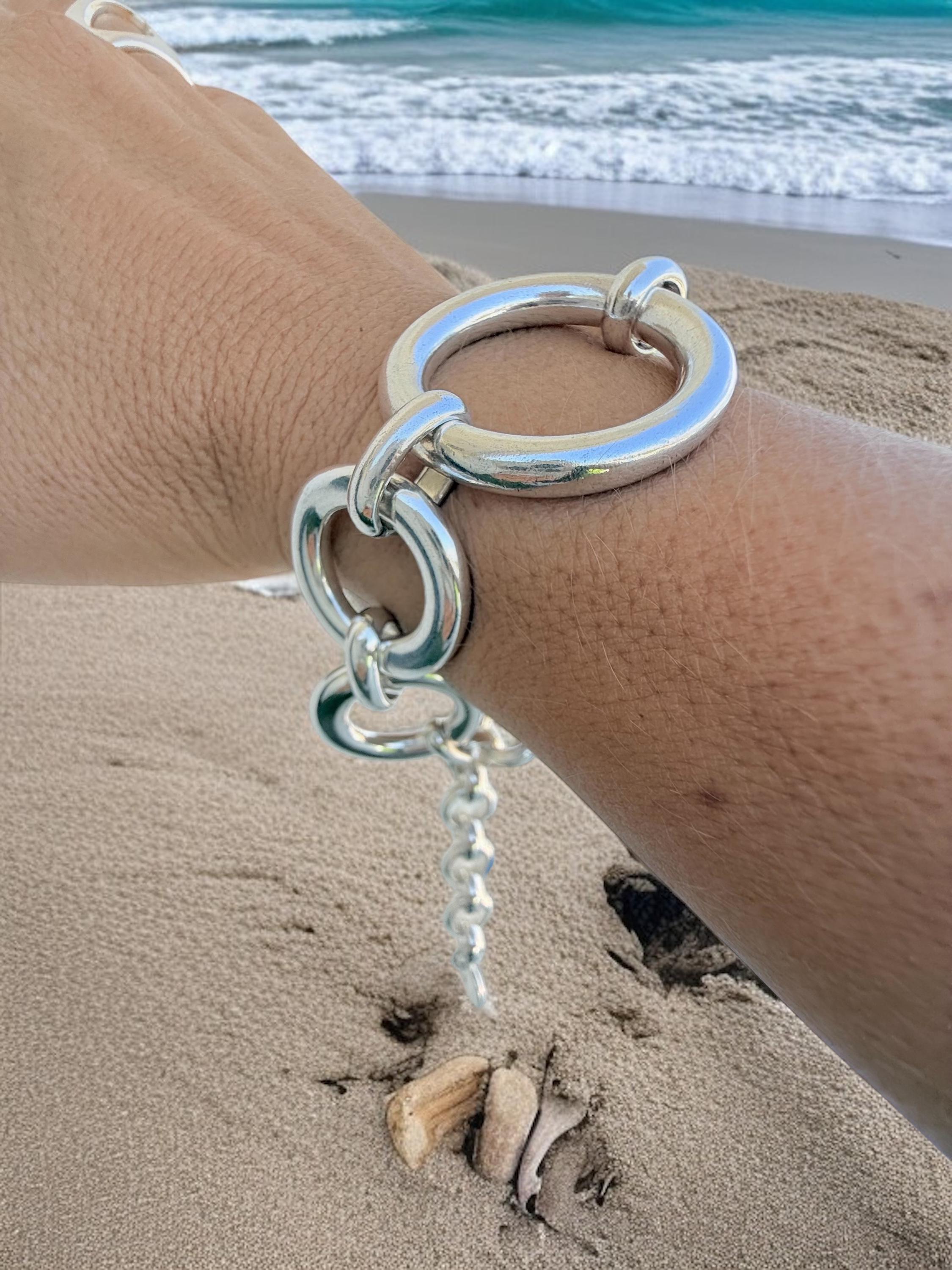 Chunky round-link silver bracelet – oversized bold rings – adjustable big size – handmade kukuri jewelry