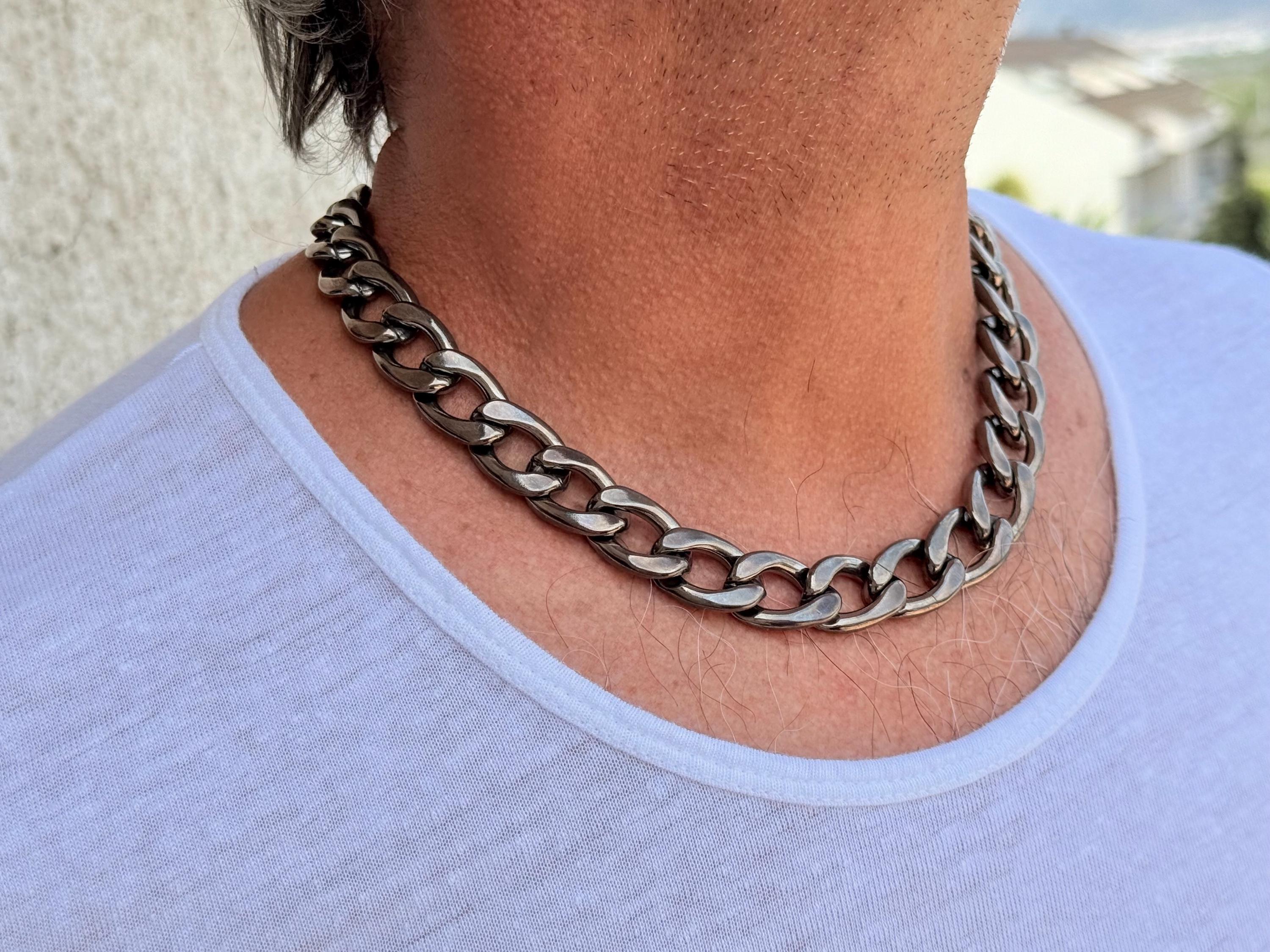 Men’s chunky graphite cuban chain – bold matte finish – lightweight aluminum necklace – urban handmade jewelry