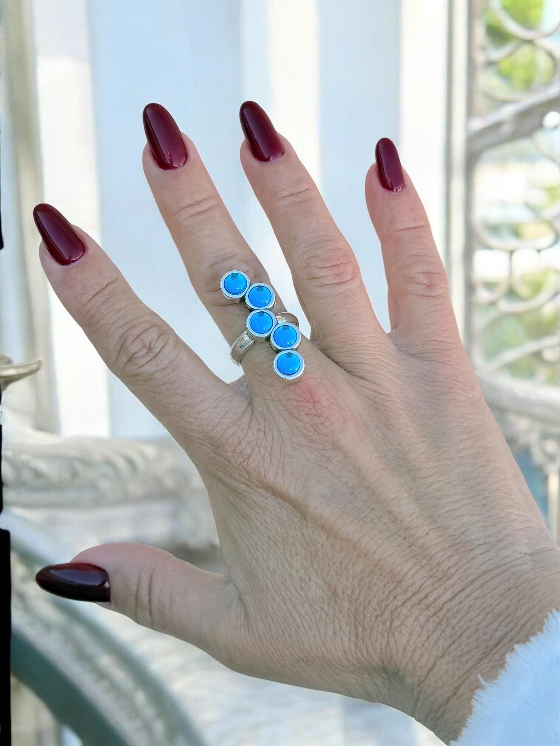 Chunky silver blue crystal ring, oversized jewelry – adjustable size