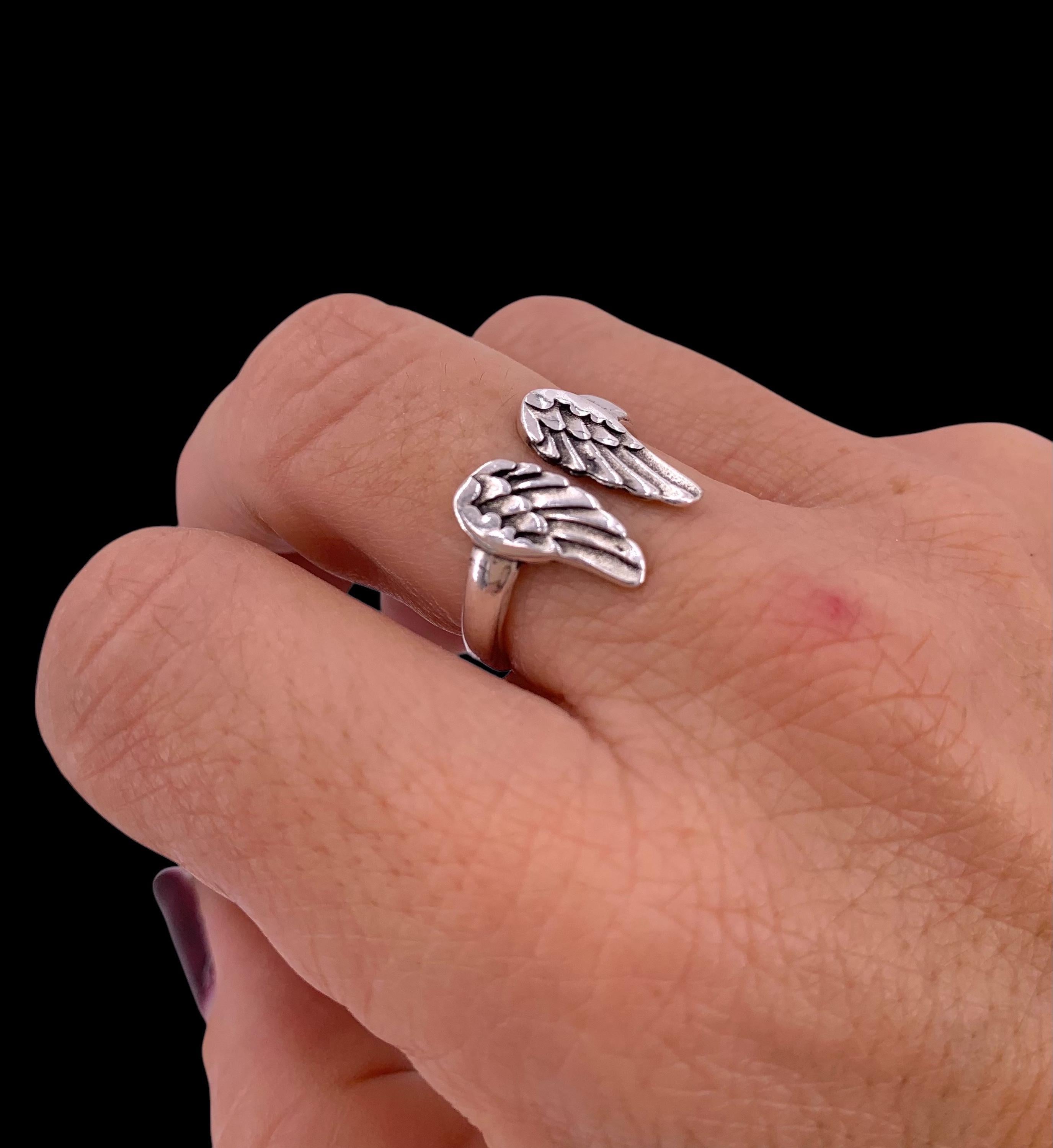 Boho angel wings ring – adjustable open silver band with celestial design – symbolic birthday gift for her