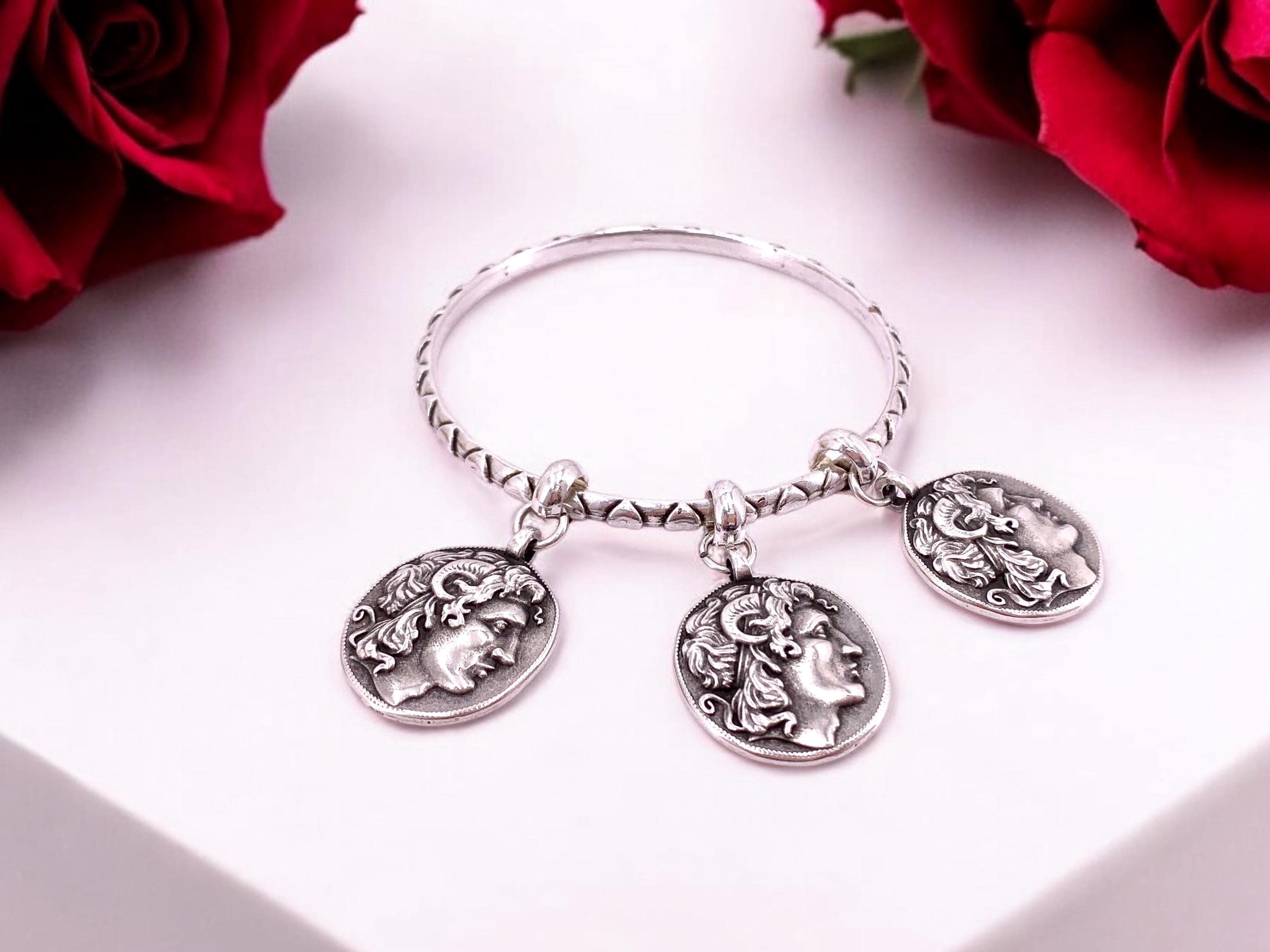 Antique silver coin bangle – alexander the great charms – heart engraved cuff – stackable rigid bracelet – handmade kukuri jewelry