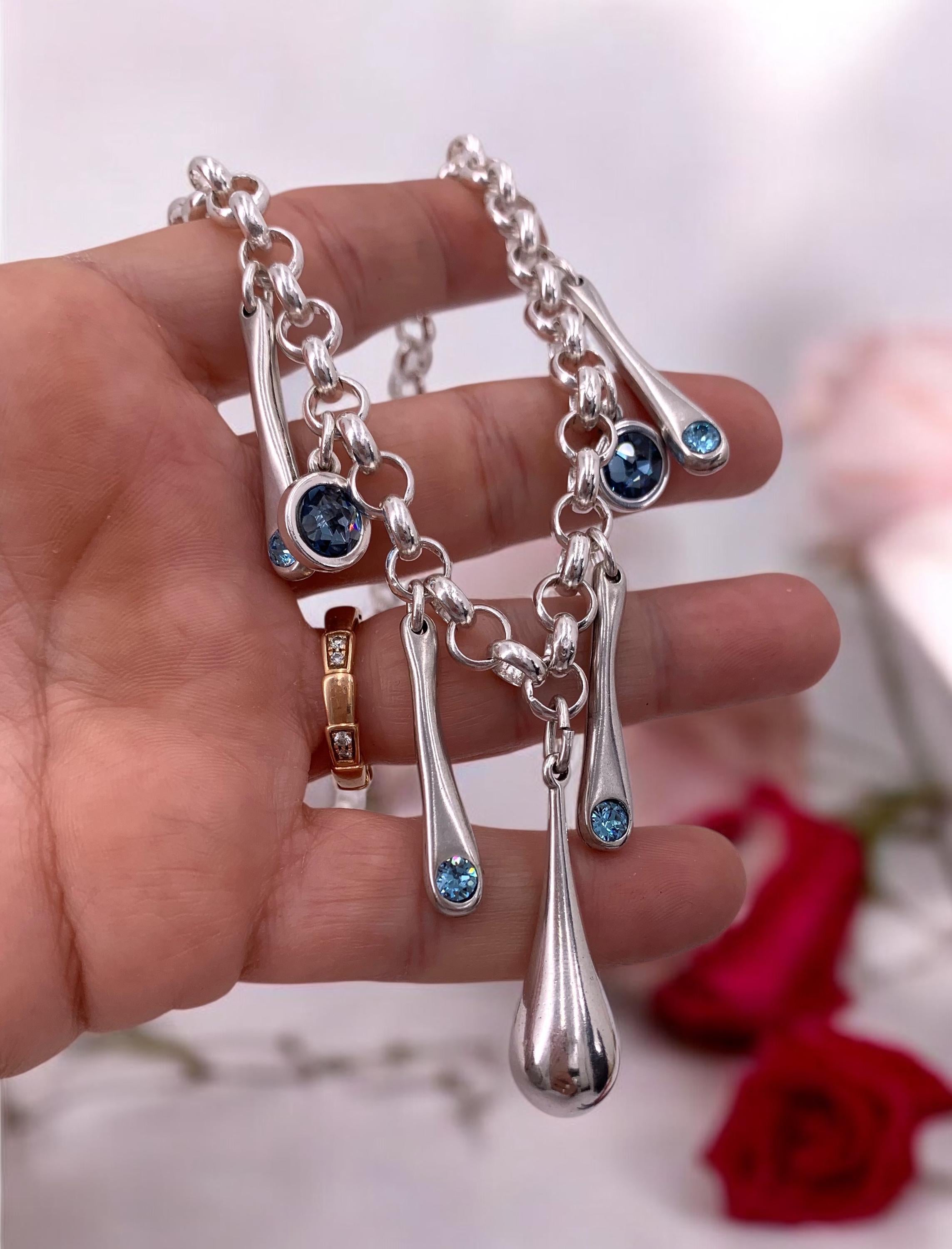Swarovski crystal charms chunky silver chain toggle necklace, bold chain charms necklace, , drop pendant bulky necklace, gift