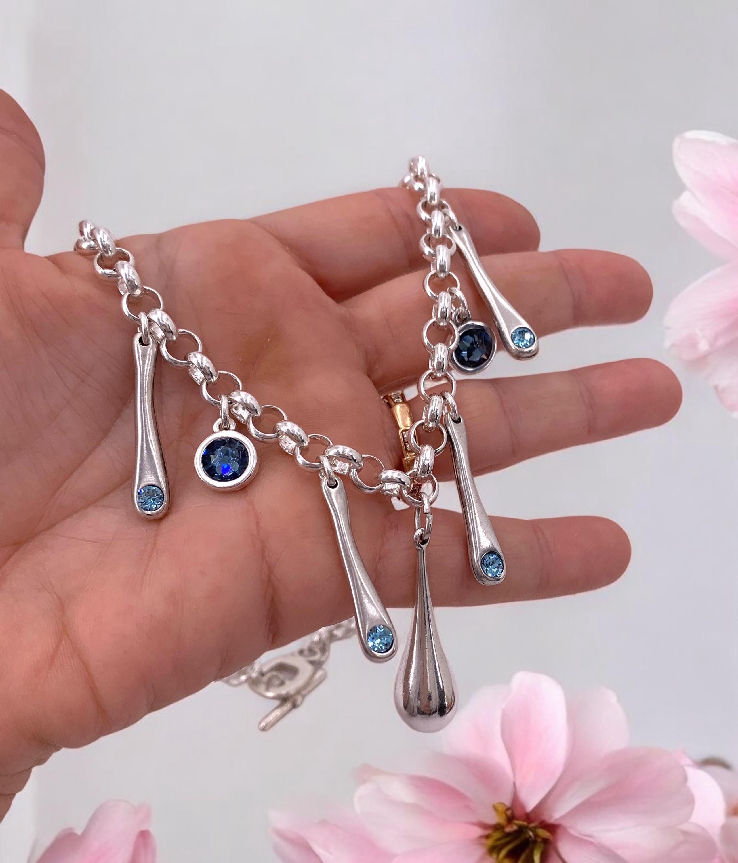 Swarovski crystal charms chunky silver chain toggle necklace, bold chain charms necklace, , drop pendant bulky necklace, gift
