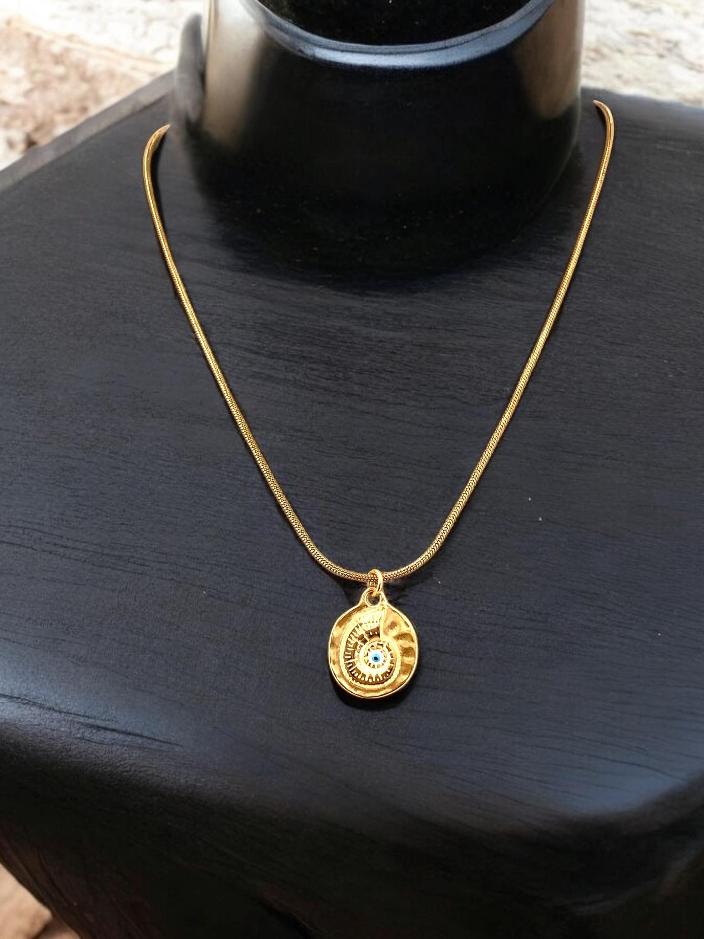 Handmade gold stainless steel chain necklace with sheel pendant, summer coastal jewelry