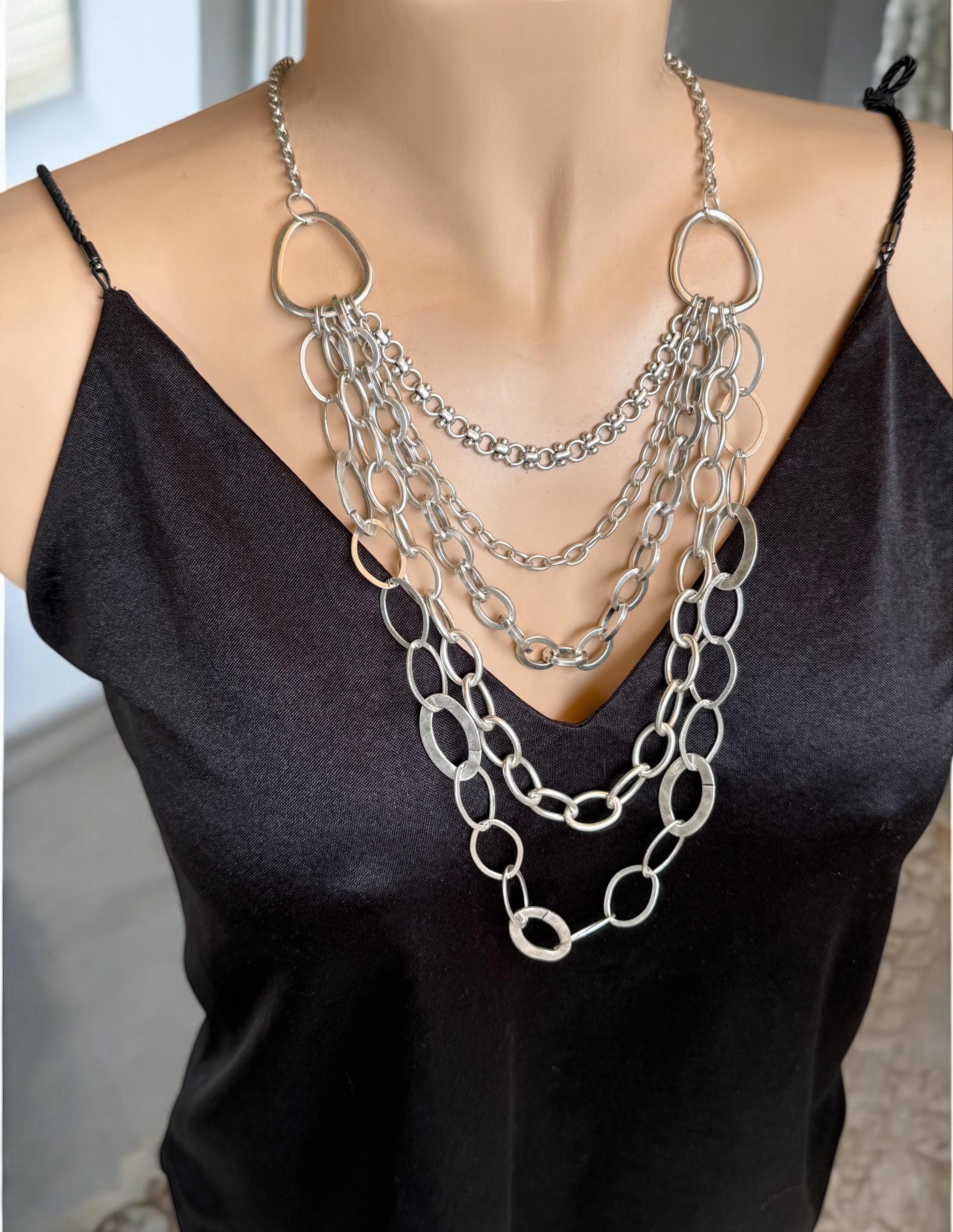 Multi strand layered extra long silver plated chain artisian necklace