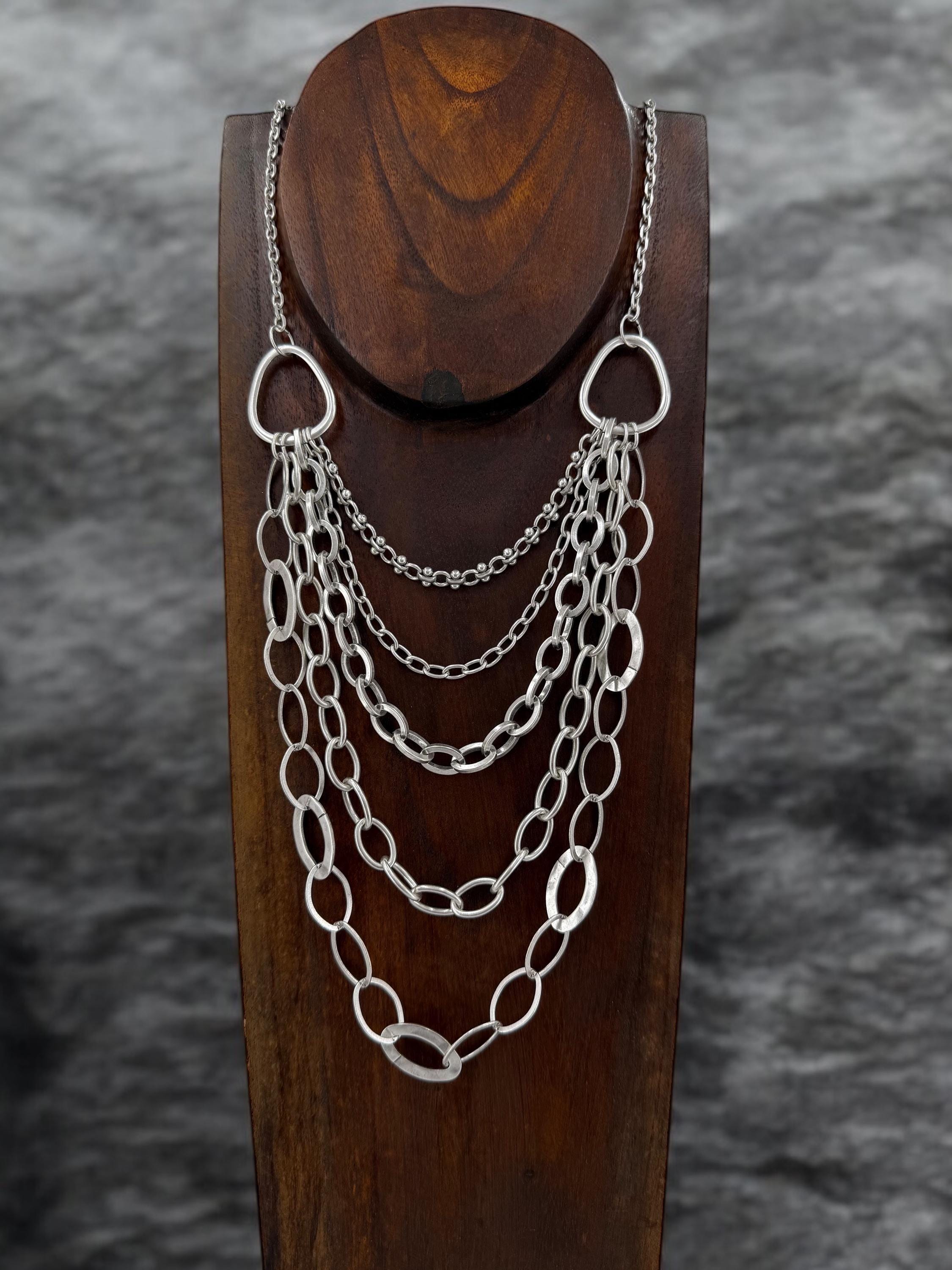 Multi strand layered extra long silver plated chain artisian necklace