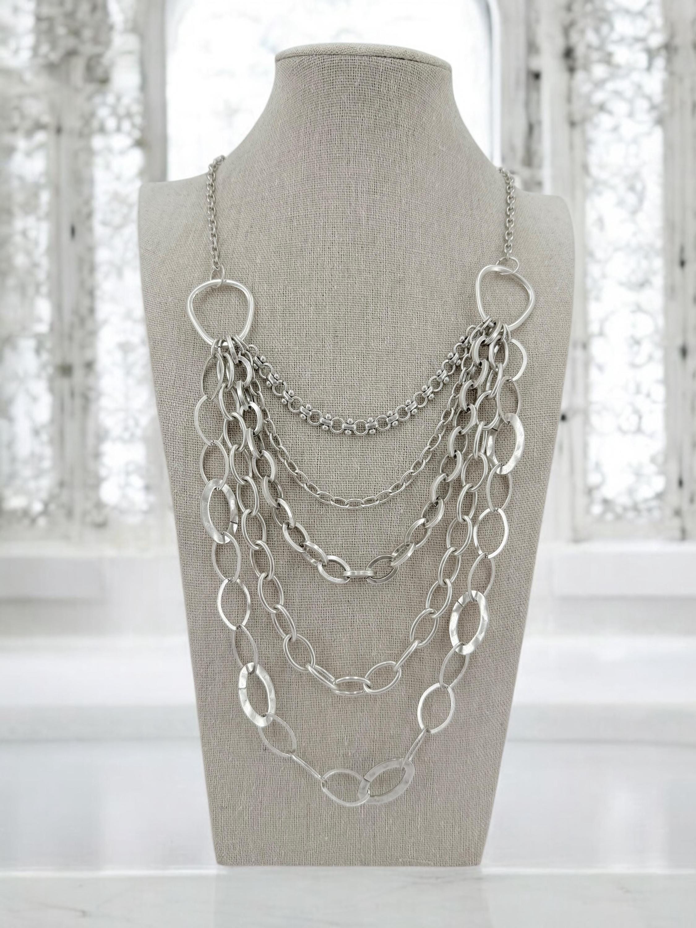 Multi strand layered extra long silver plated chain artisian necklace