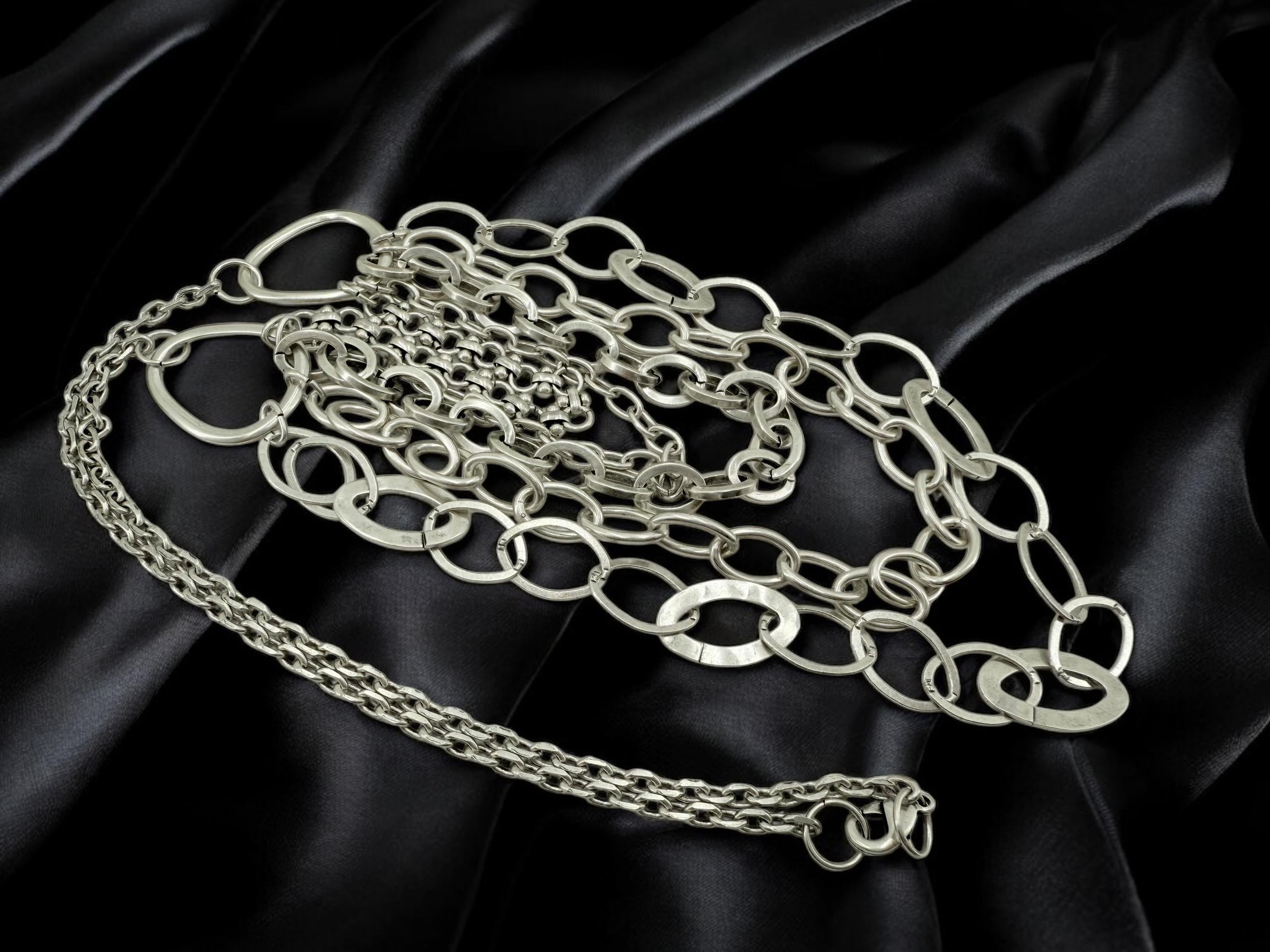 Multi strand layered extra long silver plated chain artisian necklace