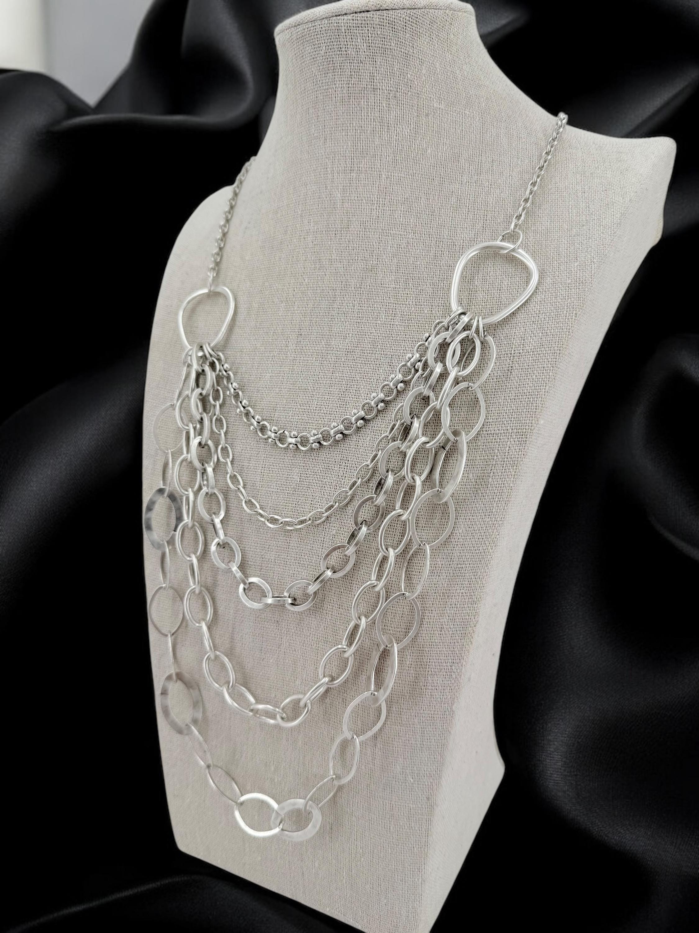 Multi strand layered extra long silver plated chain artisian necklace