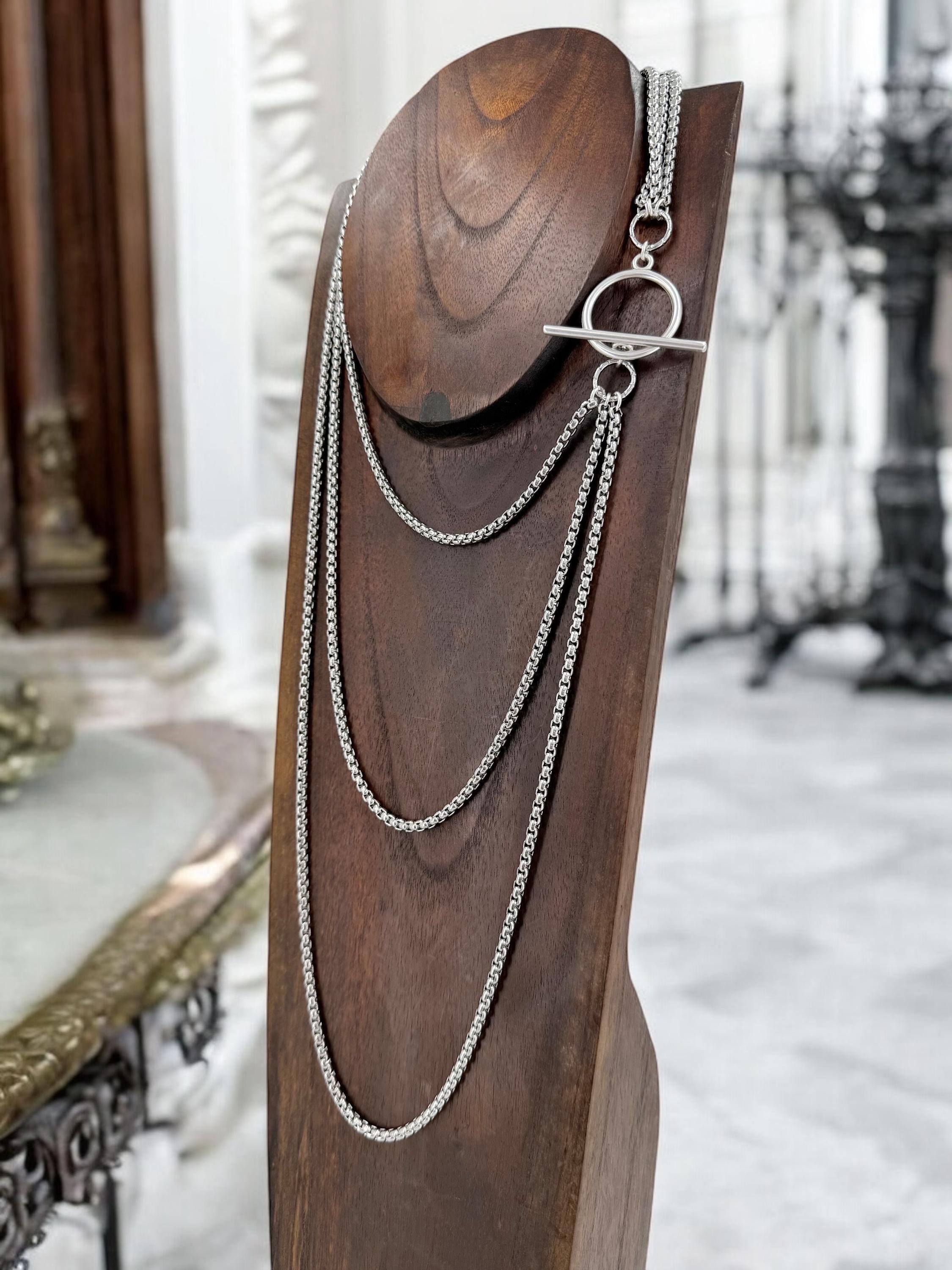 Long antique silver chunky chain layering necklace, layering silver necklace with toggle clasp, chunky chain necklace, multi strand necklace
