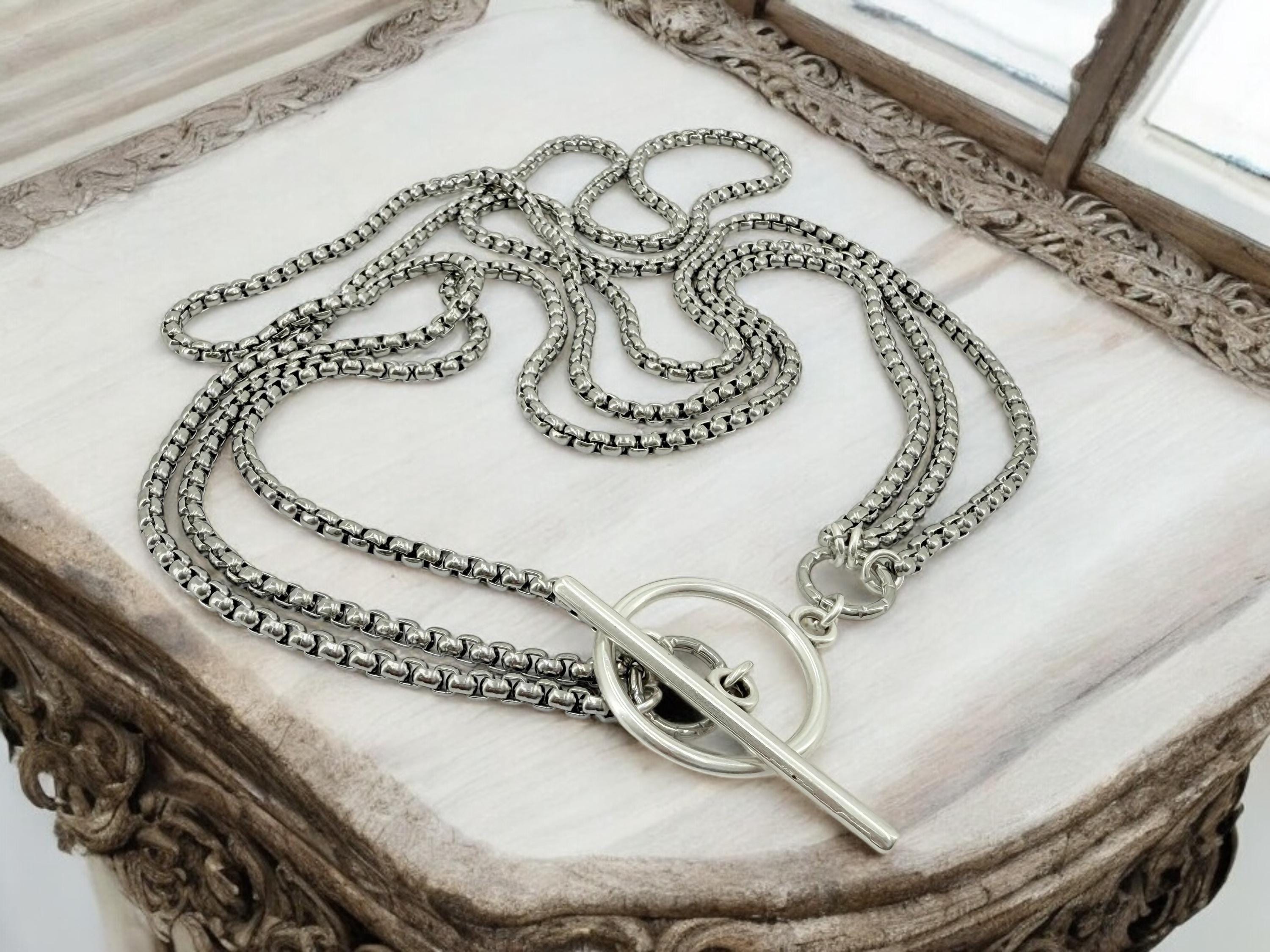 Long antique silver chunky chain layering necklace, layering silver necklace with toggle clasp, chunky chain necklace, multi strand necklace