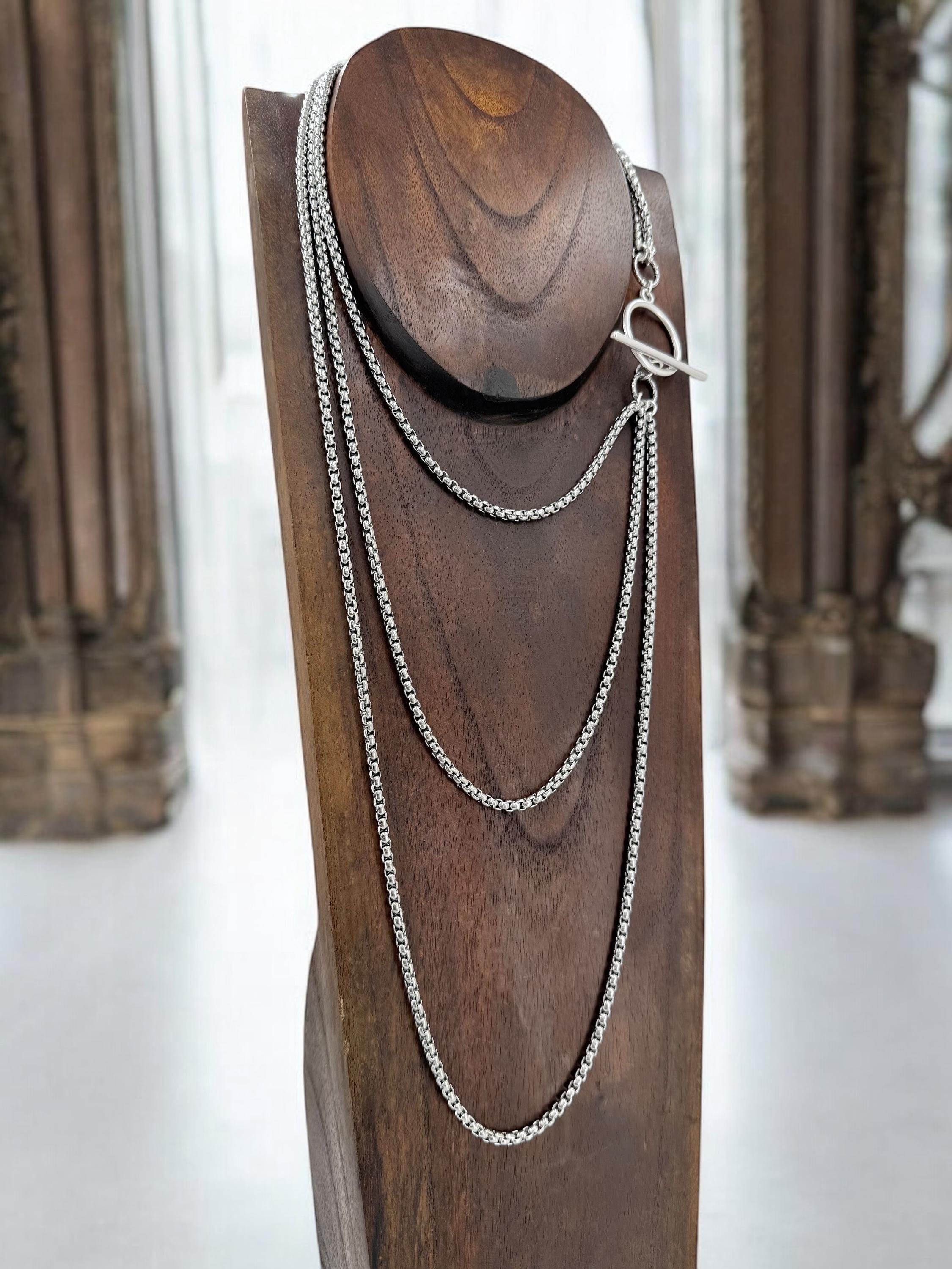 Long antique silver chunky chain layering necklace, layering silver necklace with toggle clasp, chunky chain necklace, multi strand necklace