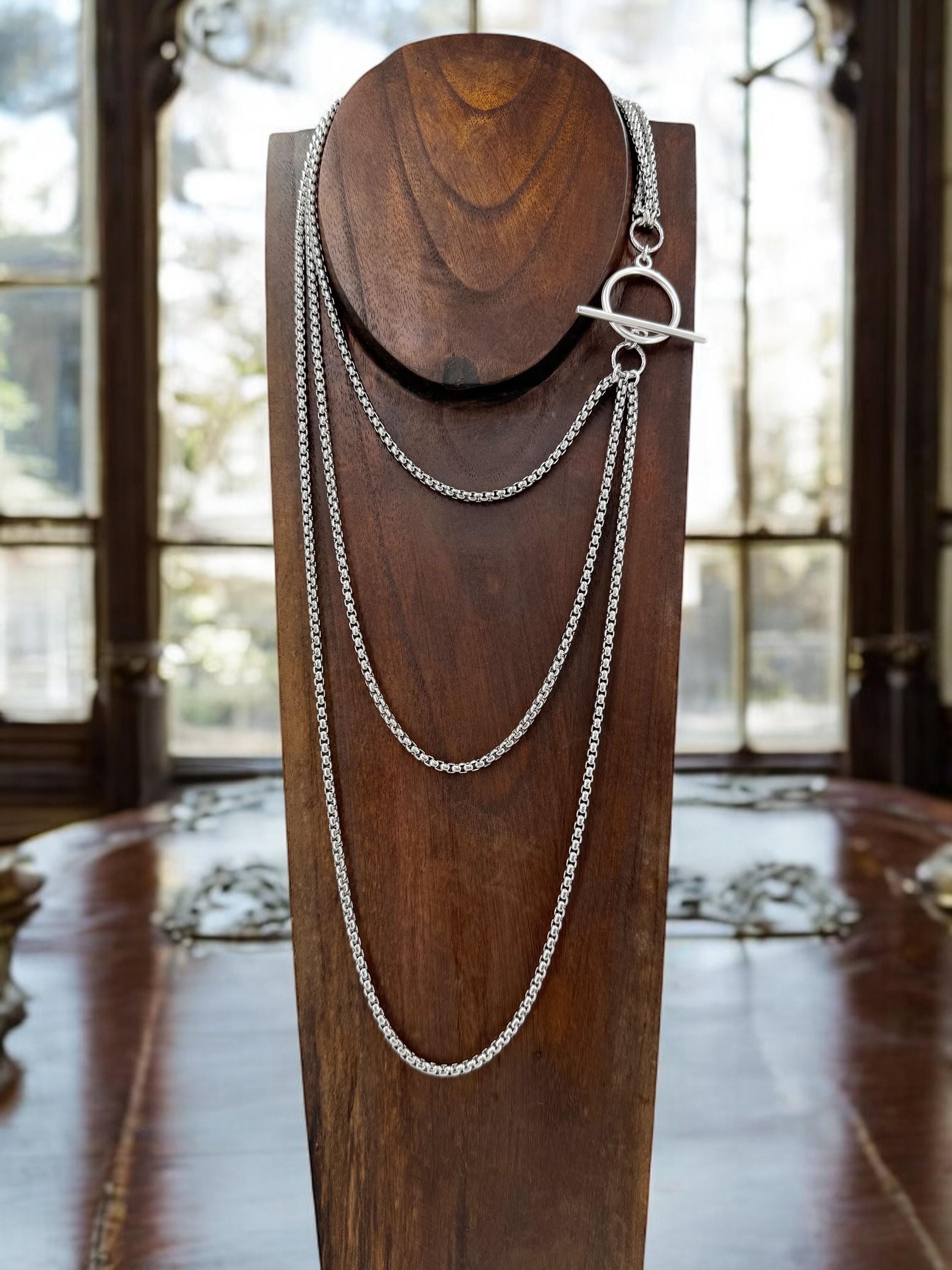 Long antique silver chunky chain layering necklace, layering silver necklace with toggle clasp, chunky chain necklace, multi strand necklace