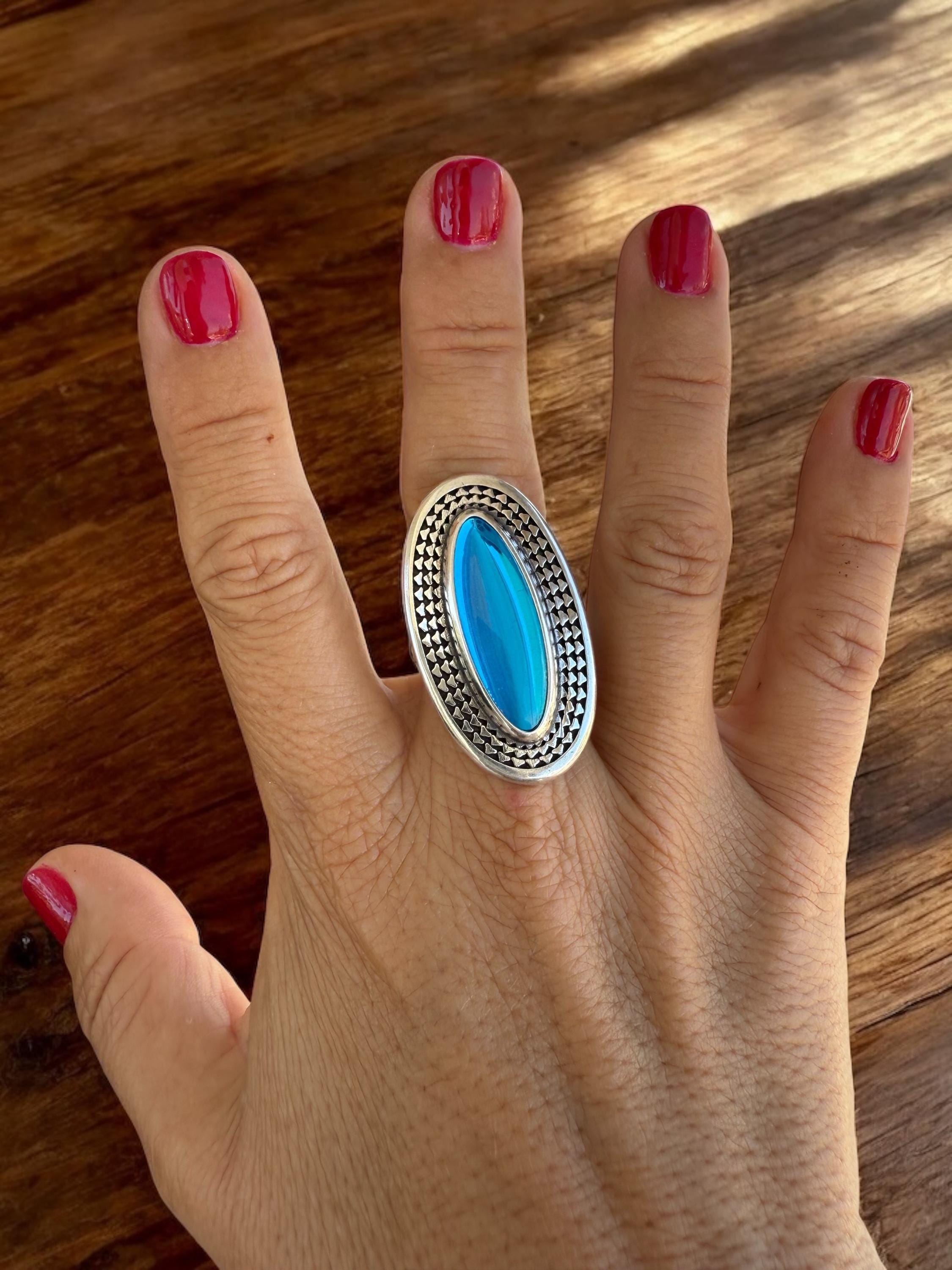 Oversize blue crystal ring, chunky silver design, adjustable jewelry